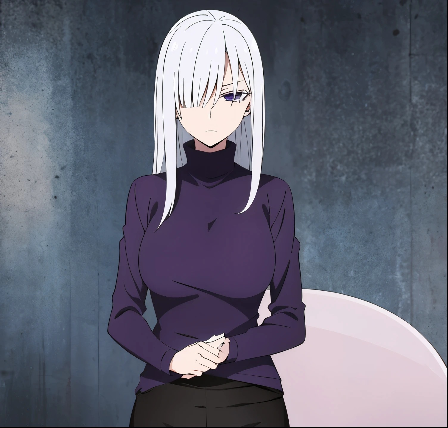 (masterpiece, best quality:1.2), , cowboy photo, alone, 1 girl, fiona frost, expressionless, mouth closed, self-lifted, shirt lifted, white hair, purple eyes, black turtleneck, bra black, panties, jewelry, earrings, big breasts, medium waist, medium hips, wide thighs