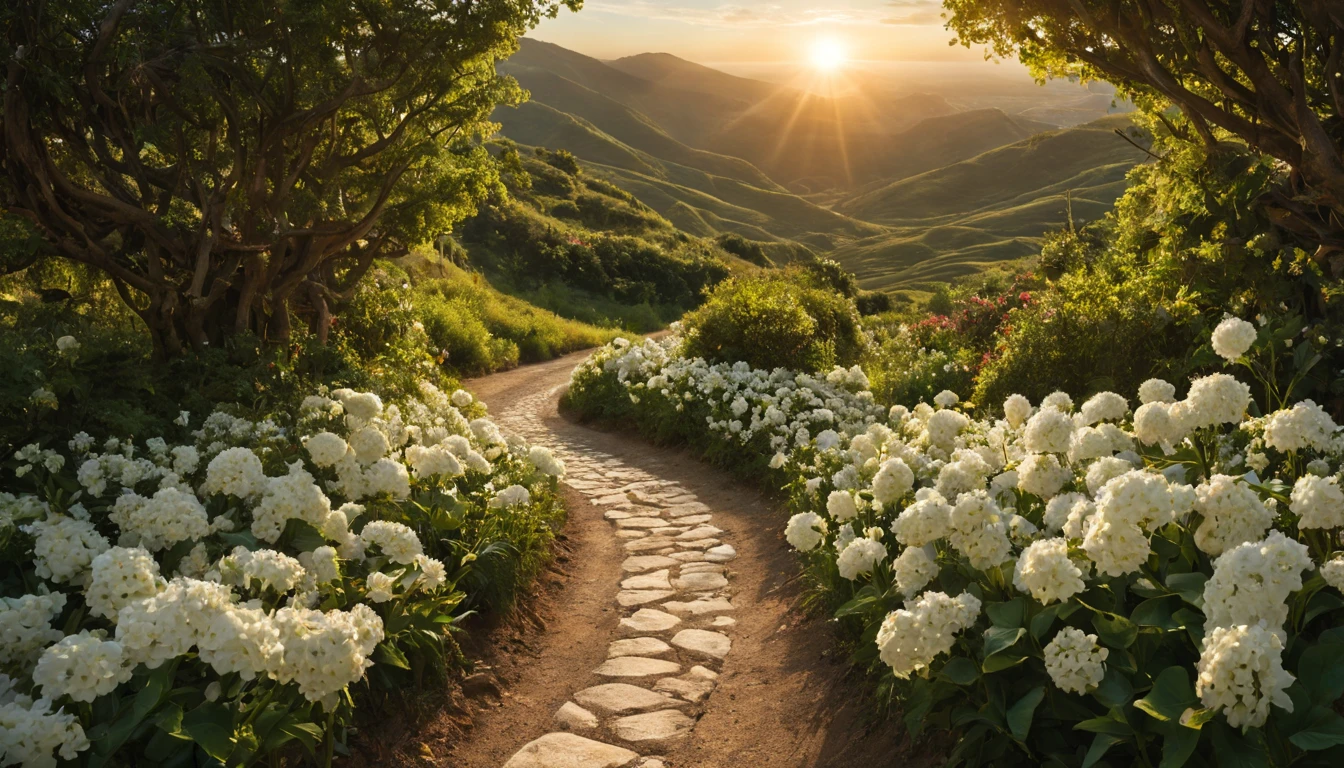 一片white flowers海,e o sol brilhava intensamente,The light from the back window is backlighted,Octano, heaven, Paisagem, 1girl "Kate Beckinsale", Existe um caminho no meio do mar de flores,there is space between,There is a path in the center of the screen,The path leads to the distance,Quase real e muito virtual,FLORES brancas,There'uma estrada no meio que leva para longe,the setting sun,变得 and the sun shone brightly,rico em detalhes,fotorrealista,Realismo,4K分辨率,textura rica,The painting style is smooth