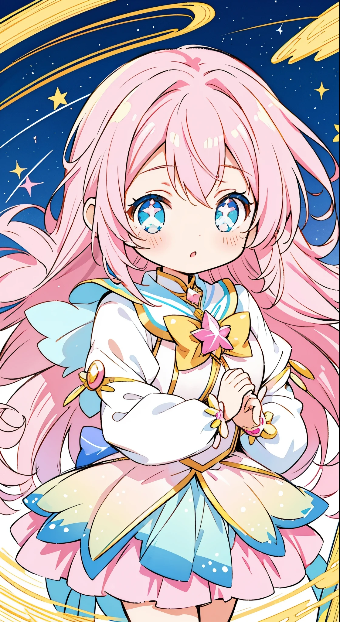 Anime girl star magical girl, sparkling magical girl, portrait of the magical girl, beautiful celestial mage, magical , anime goddess, celestial magical girl, colorful gradient layered magical costume with gold detailright pastel colors)), (colorful), whimsical, cute, long pink blue gradient hair