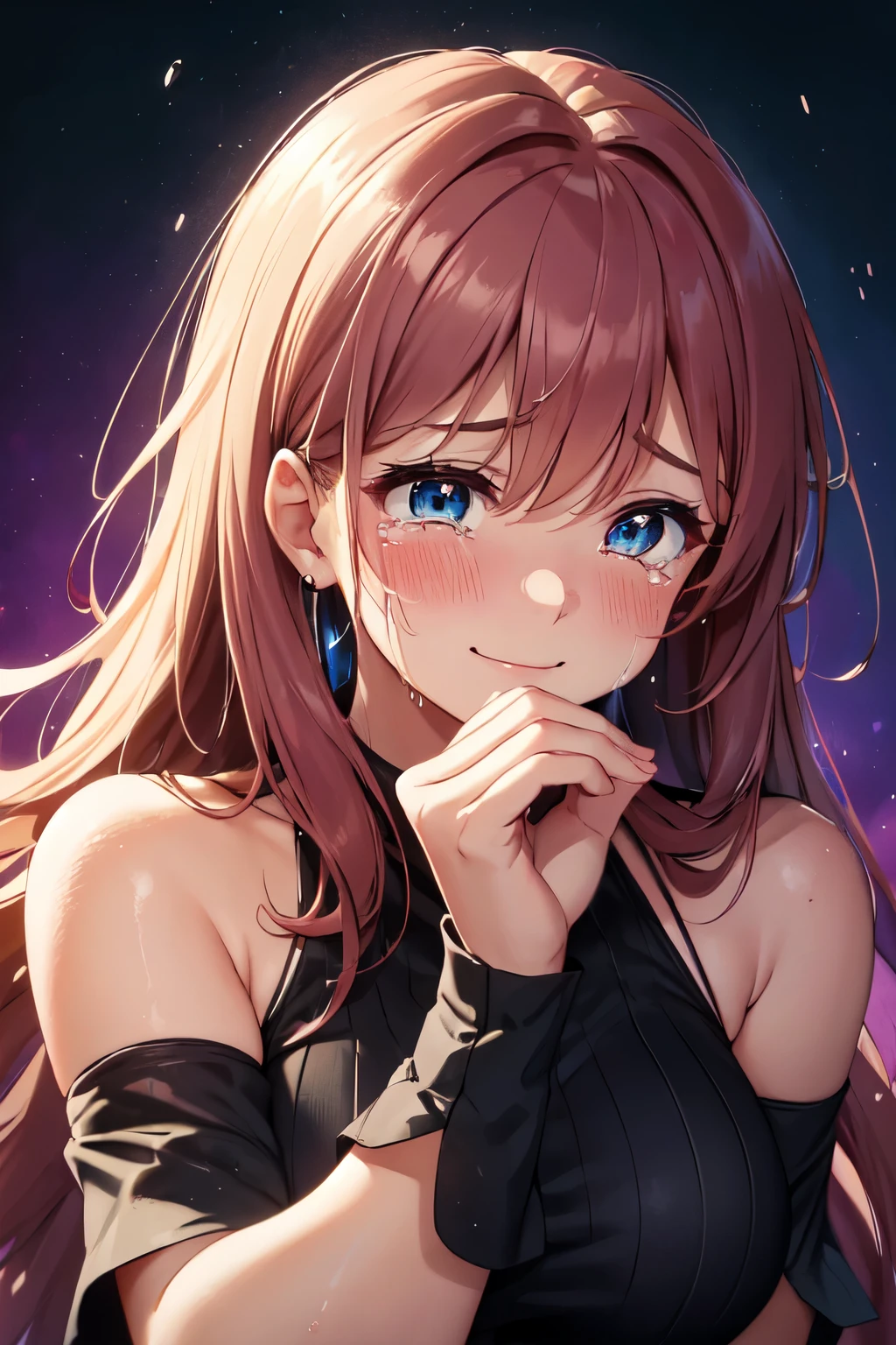 (High quality, High resolution, Fine details), (colorful background:1.4), (woman crying loudly), (tears streaming down her face), sobbing uncontrollably, (palms pressed against her cheeks), (wet cheeks), solo, curvy women, disheveled hair, (teary eyes), (Detailed eyes), smile, blush, Sweat, Oily skin, shallow depth of field, misty atmosphere, deeply moving scene, dark and dramatic lighting