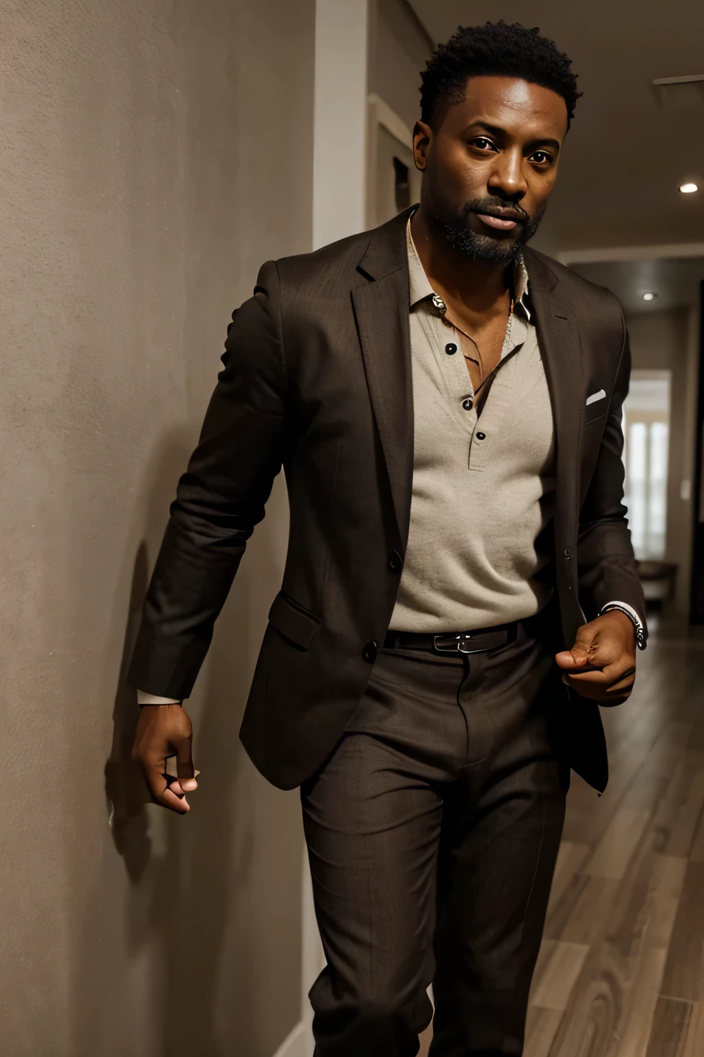 a black man in his forties standing, com barba e cabelo curto, wearing a stylish blazer and brown pants, wearing a watch and holding hands, corpo inteiro, fotorrealista, ultrarrealista | | | |, octano, emprestar, HDR, 8k --v 5
