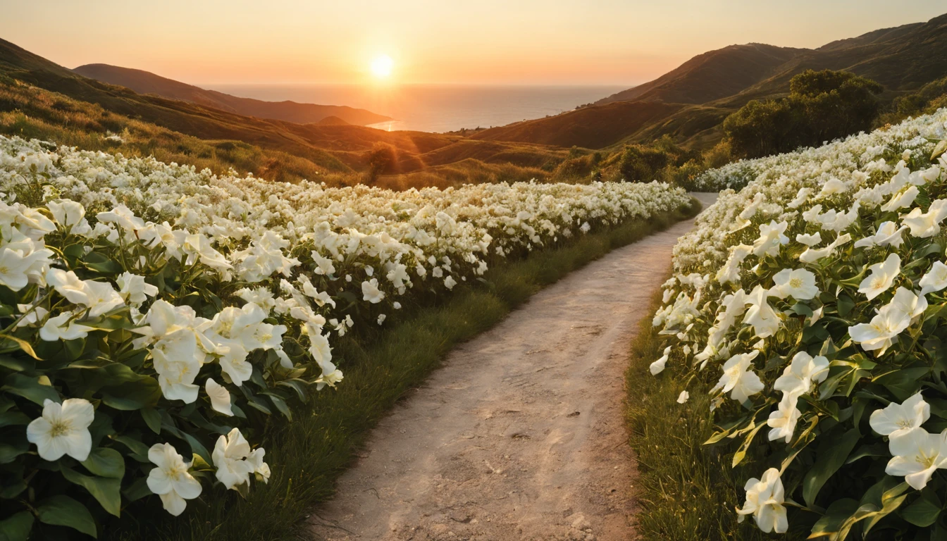 一片white flowers海，e o sol brilhava intensamente，The light from the back window is backlighted，Octano, heaven, Paisagem, 1girl "Kate Beckinsale", Existe um caminho no meio do mar de flores，there is space between，There is a path in the center of the screen，The path leads to the distance，Quase real e muito virtual，FLORES brancas，There&#39;uma estrada no meio que leva para longe，the setting sun，变得 and the sun shone brightly，rico em detalhes，fotorrealista，Realismo，4K分辨率，textura rica，The painting style is smooth