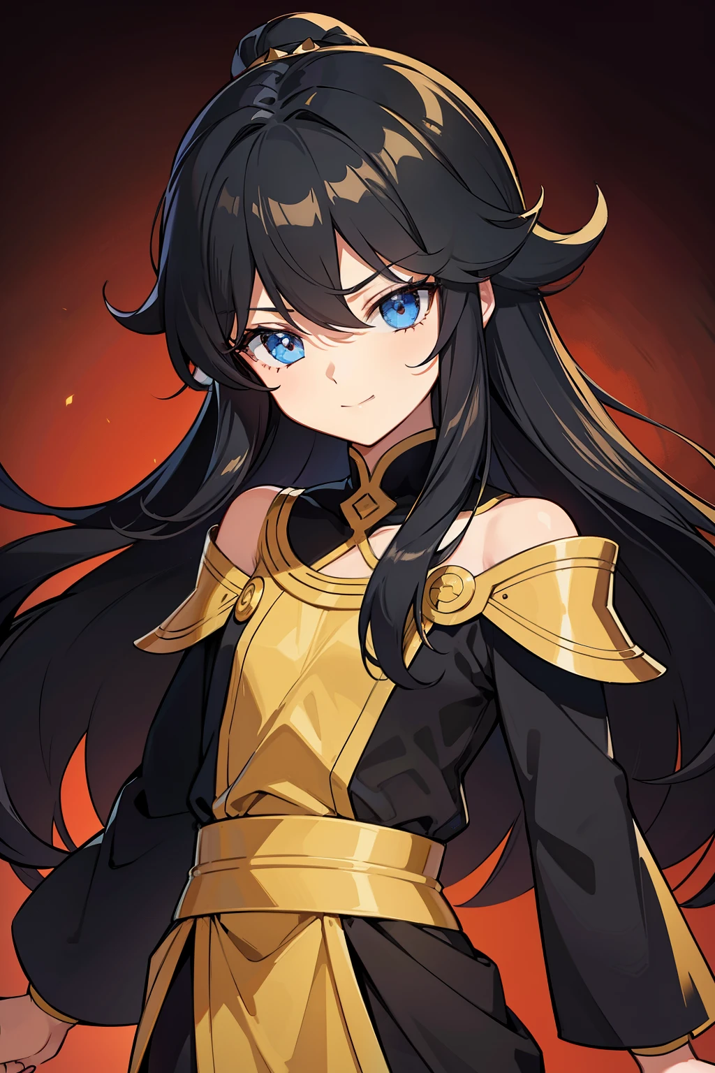 (high-quality, breathtaking),(expressive eyes, perfect face) portrait, 1girl, girl, solo, young ???, child, black hair, blue coloured eyes, stylised hair, gentle smile, shoulder length hair, loose hair, side bangs, curley hair, really spiky hair, spiked up hair, looking at viewer, portrait, ancient greek clothes, black long sleeved tunic gold trim around collar edges and down middle, greek, red and gold sash, simple background, slightly narrow eyes, baby face, small body, happy expression, clothes similar to Hypnos Saint Seiya, clothes similar to Alone Saint Seiya