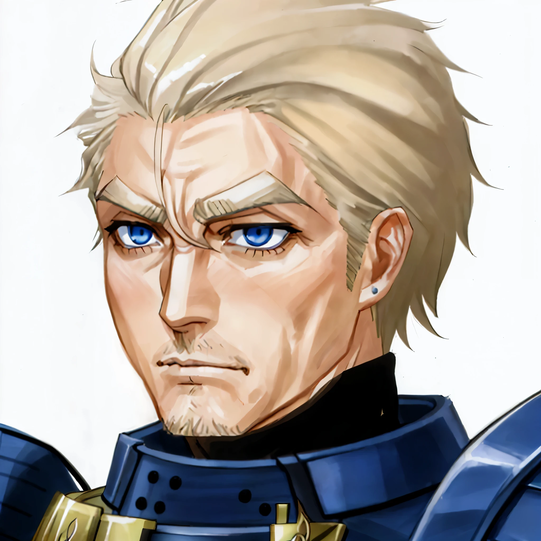 a man in his late sixties, dirty blond hair, short hair, bushy eyebrows, blue eyes, no facial hair, serious expression, determined expression, d&d character portrait, nagito komaeda, armor, masamune shiro, jjba, highley detailed face, jin kagetsu, seinen manga portrait