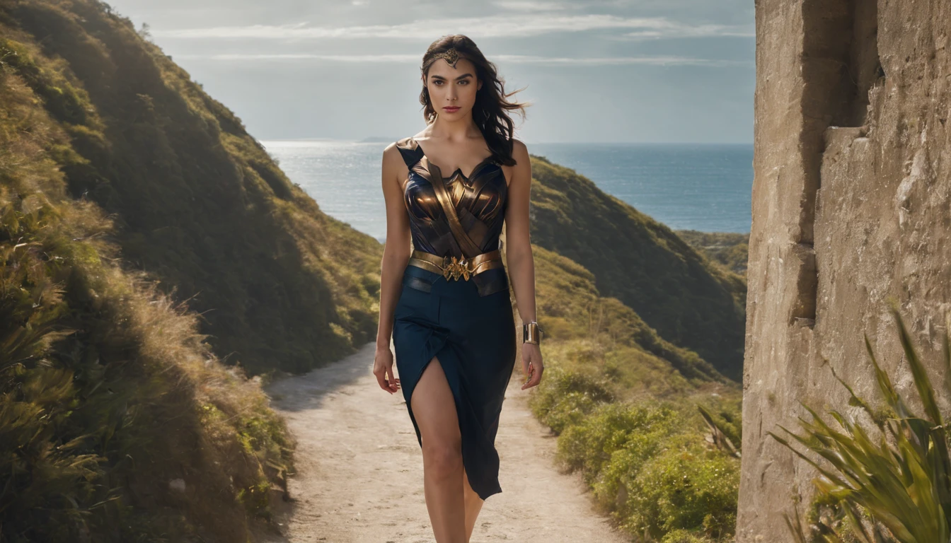 Octano, heaven, Paisagem, 1girl "Gal Gadot", perto de FLORES brancas,e o sol brilhava intensamente,The light from the back window is backlighted, Existe um caminho no meio do mar de flores,there is space between,There is a path in the center of the screen,The path leads to the distance,Quase real e muito virtual,FLORES brancas,There'uma estrada no meio que leva para longe,the setting sun,变得 and the sun shone brightly,rico em detalhes,fotorrealista,Realismo,4K分辨率,textura rica,The painting style is smooth