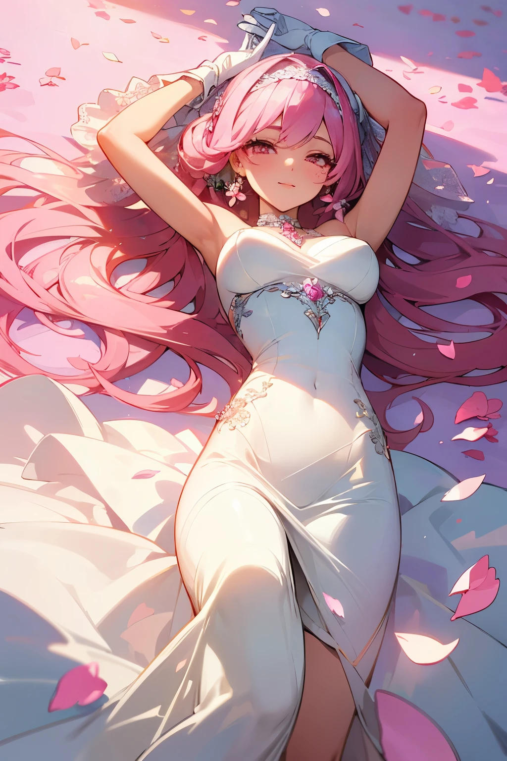 masterpiece, highest quality, ultra detailed, high resolution, (ink painting style), good anatomy, 1 beautiful woman, medium breasts, cowboy shot, beautiful scenery, shiny hair, shiny skin, smile, beautiful flower garden, (sparkcle:1.2),(beautiful dancing petals:1.4),(wedding dress:1.4), (shining brightly dancing petals:1.4), dynamic angle, beautiful detailed eye, hair ornament, twin tails, very long hair, (lying on back:1), (arms up:1.2), (lying down on beautiful flowers:1.3), beautiful decorated flower background, white gloves, pink hair, jewelry, pink eyes, earrings, pink bow, pink choker, hairband, best light, best shadow, mysterious, perfect face, highly detailed,