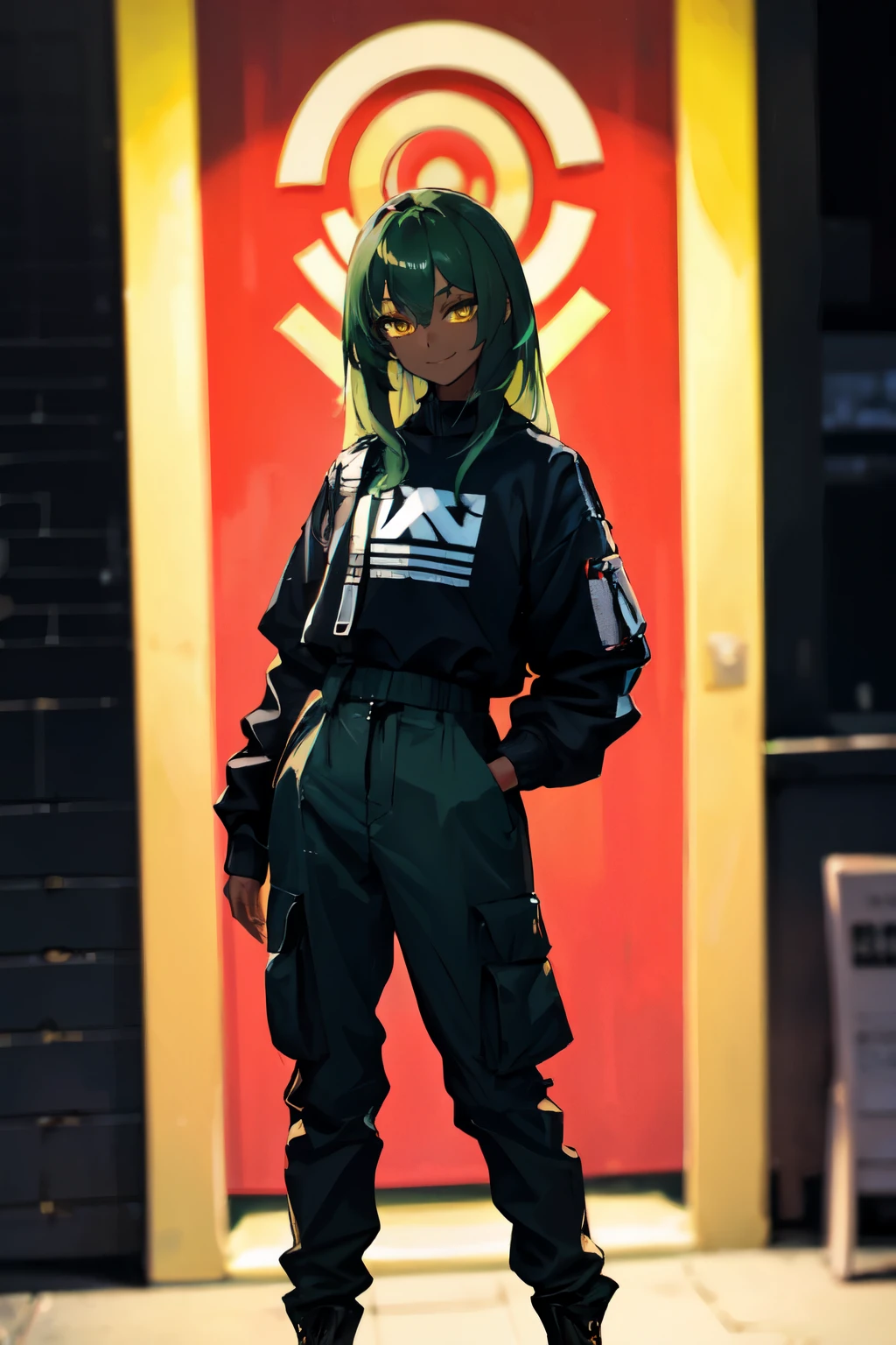 ((Masterpiece, Highest quality)), Detailed face, Black and white,, a girl in a black jacket and green Cargo pants standing, wearing Cargo pants, a green colored bomber jacket, Cargo pants , wearing dark green bomber jacket, black bomber jacket, black rugged clothing, cropped shirt with jacket, black pants, wearing a turtleneck and jacket, a girl wearing a black jacket, bomber jacket, black and green, white and black color scheme ((modern clothes)) Looking at the viewer, looking at the camera,
