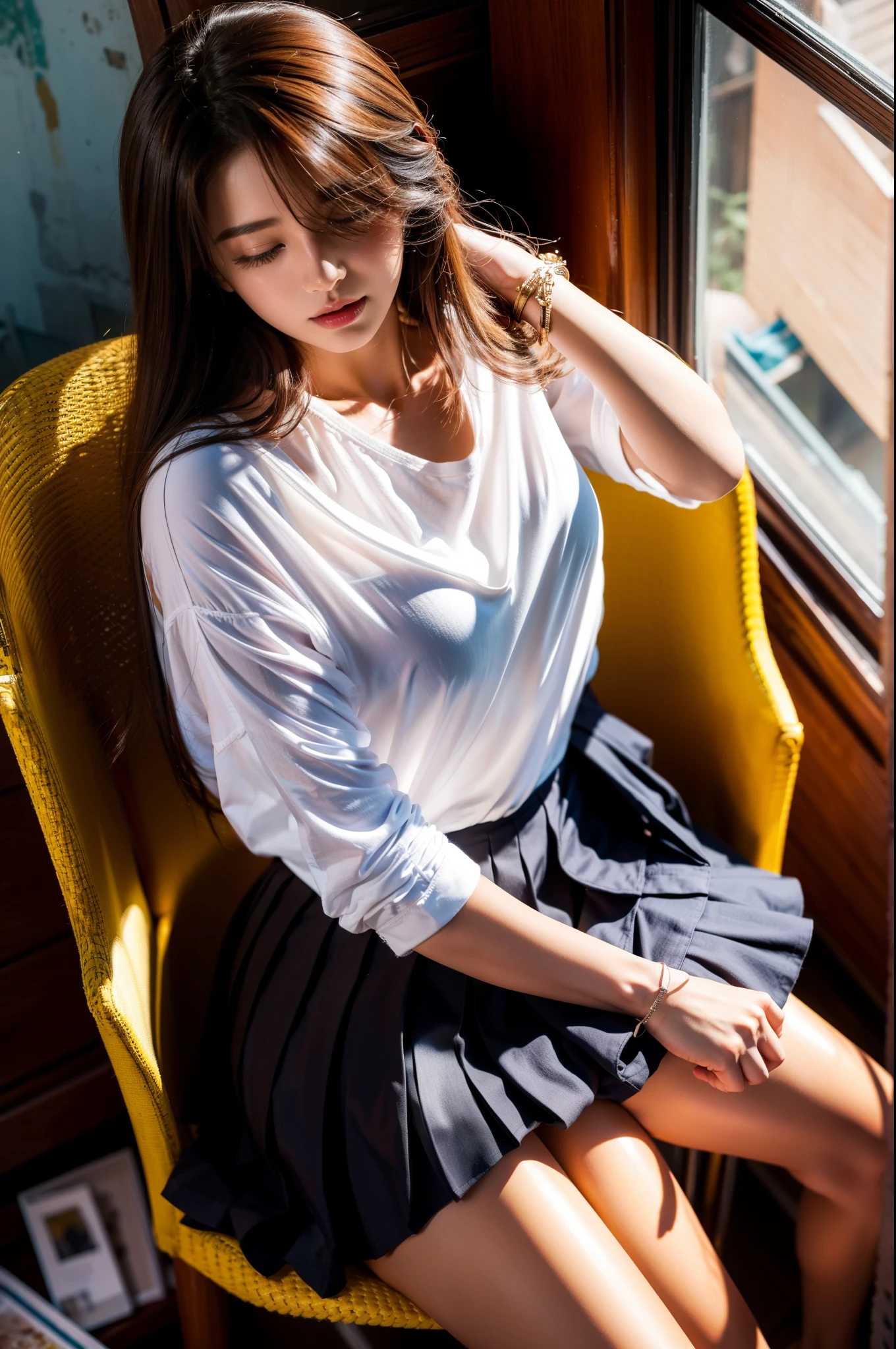 Artie Future Animation. bird's eyes view, Dirty woman sitting on chair in dilapidated house, Wet hair covering eyes, Detailed slim fit shirt and pleated skirt. vixip, closeup landscape, hurt. Freehand painting, 电影灯光, The content is very detailed. The white, Brown, Red. Perfect work, tmasterpiece, Best quality, 4K, Focus sharp. perfect anatomia.