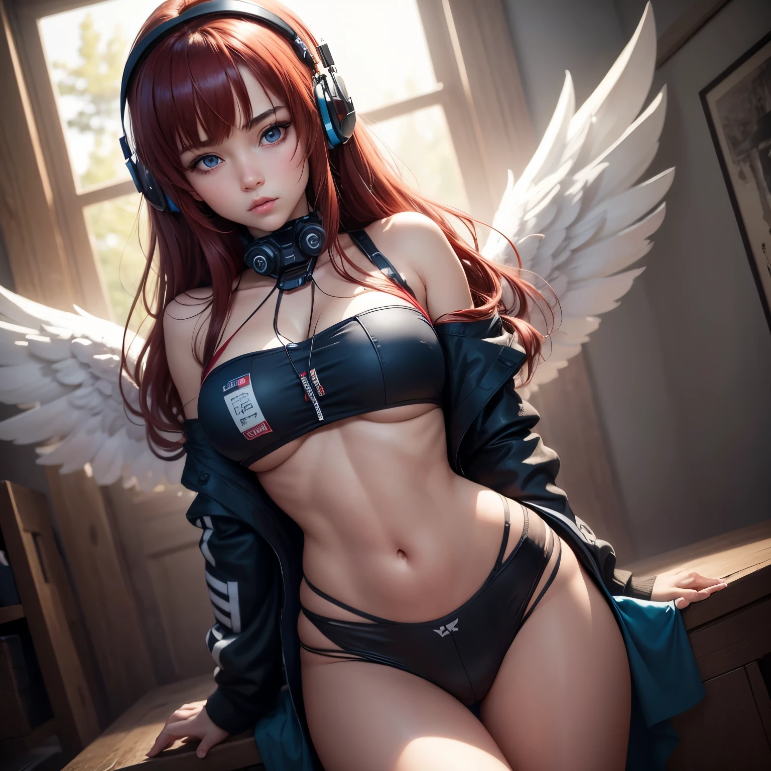 8k, masterpiece, best quality, realistic, higly detailed, cowboy shot, 1girl, solo, miku, emotionless looking girl, medium-length red hair, strands of hair hanging over the right side of her face, a set of wireless headphones that have a -shaped logo on the ear cups around her neck, dark blue eyes, average height, well-endowed figure, large breasts, bangs cover her right eye, angel