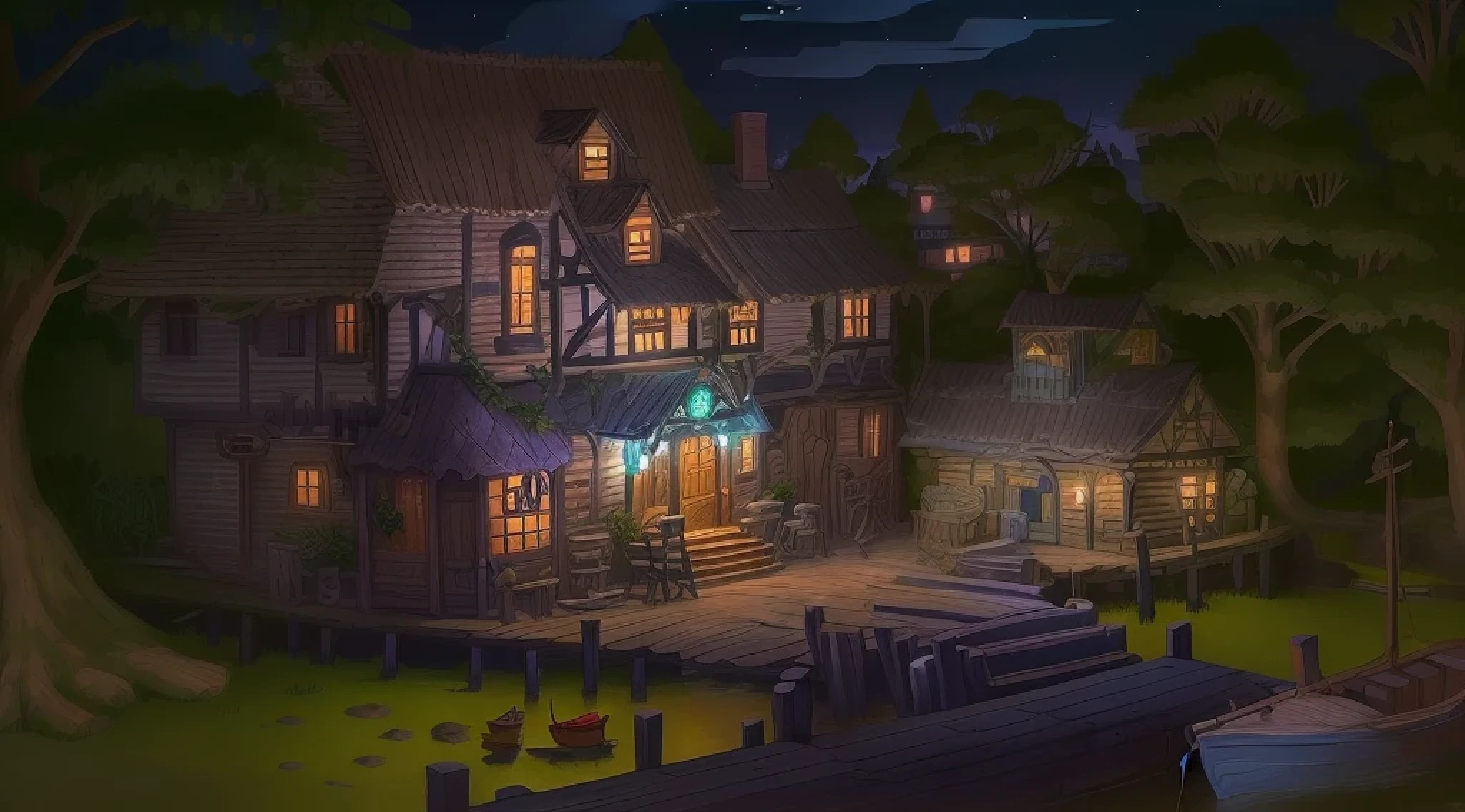 cartoon illustration of a house with a boat in the yard, nightime village background, background art, a multidimensional cozy tavern, fantasy tavern background, dimly-lit cozy tavern, background artwork, cozy cafe background, calm night. digital illustration, town background, tavern background, a bustling magical town, dimly lit cozy tavern, taverns nighttime lifestyle