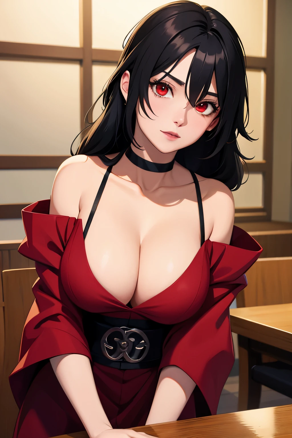 nar_kurenai_yuhi,Forehead protection,bandagenull bodyesbian,red eyes,wariza,Off-the-shoulder attire,cleavage,little breast
