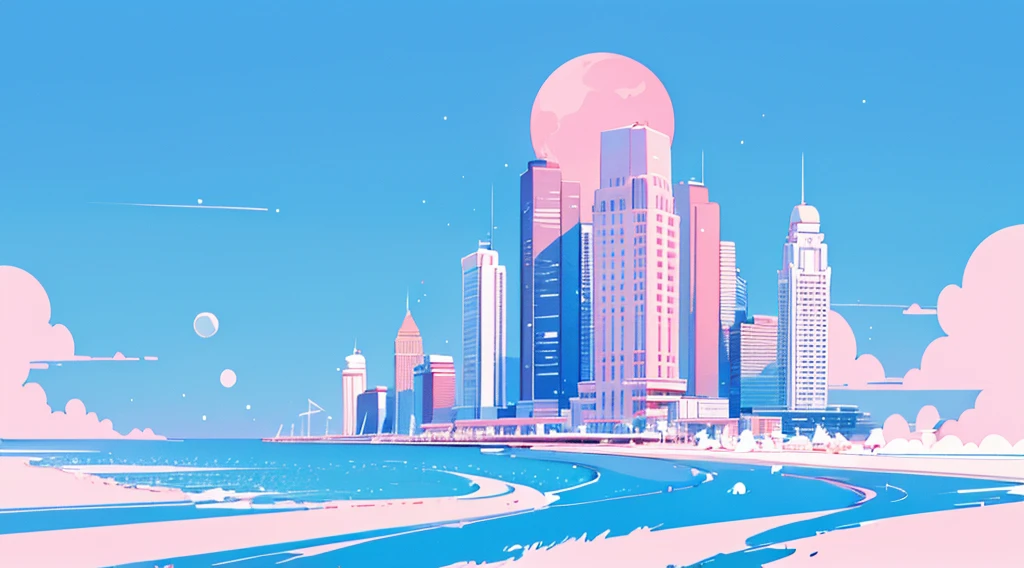 (seaside skyscrapers, pink glowing road, starry blue sky, big moon), (low contrast, flat color, limited palette)