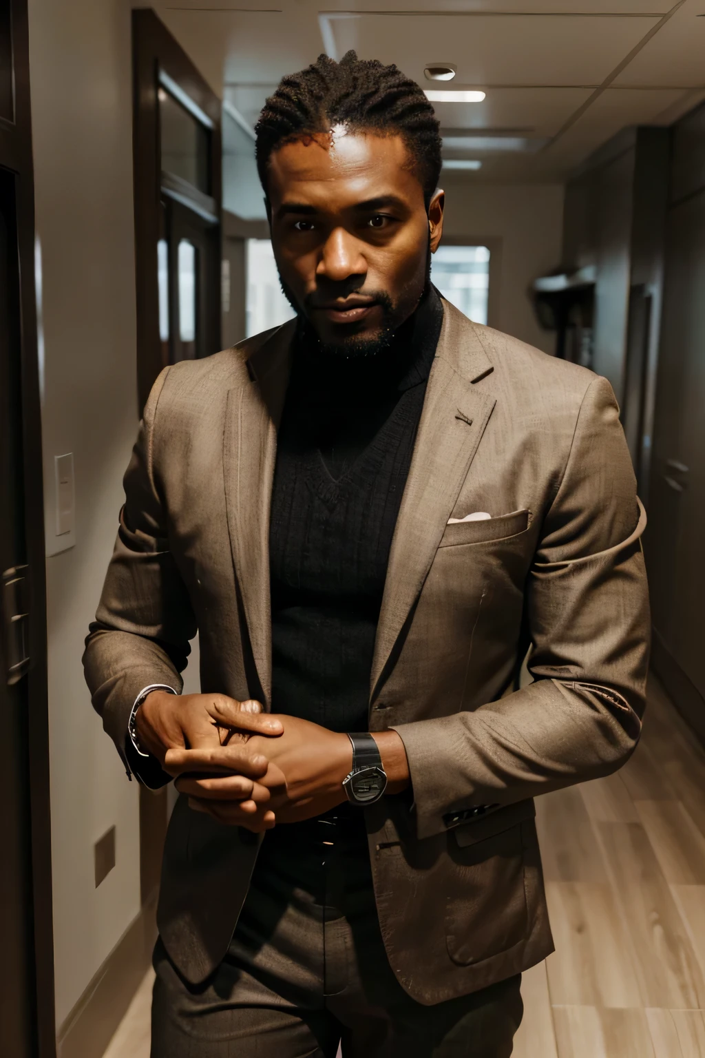 a black man in his forties standing, com barba e cabelo curto, wearing a stylish blazer and brown pants, wearing a watch and holding hands, corpo inteiro, fotorrealista, ultrarrealista | | | | |, octano, emprestar, HDR, 8k --v 5