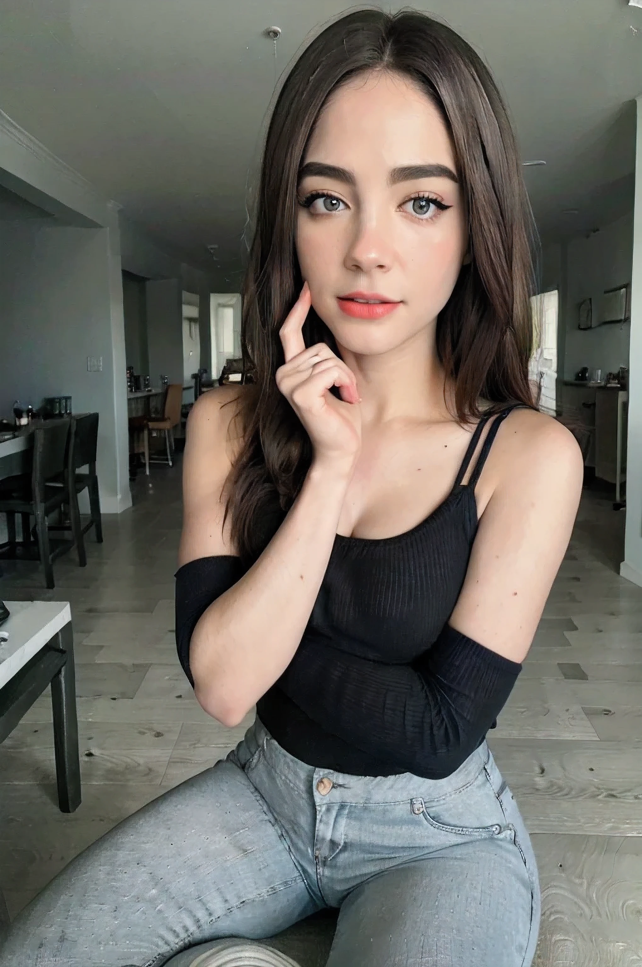 Pretty beautiful staryuuki in a black sweater and jeans (Sentado en un restaurante moderno por la noche), Altamente detallado, 21-year-old, Cara inocente, cabello ondulado natural, ojos azules, looks like vagina, desnuda, high resolucion, tmasterpiece, La mejor calidad, Intrincado alto detalle, Altamente detallado, foco nítido, Piel detallada, textura realista de la piel, textura, ojos detallados, profesional, 4k, Sonrisa encantadora, Canon Filming, 85 mm, poca profundidad de campo,  Kodak Color Vision, Cuerpo de ajuste perfecto, extremadamente detallado, Foto_\(ultra\), Fotorréaliste, Realstic, Postproceso, Maximum details, aspereza, vida real, ultra realista, rendering, Cinematographer, 8k UHD, Cinematographer (movie grain) Medium shot for close up happy smile Atmospheric dark lighting, cuerpo completo