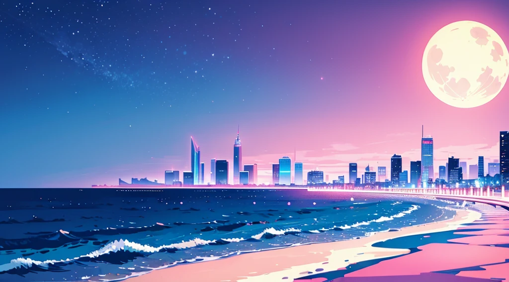 (seaside skyscrapers, pink glowing road, starry blue sky, big moon), (low contrast, flat color, limited palette)