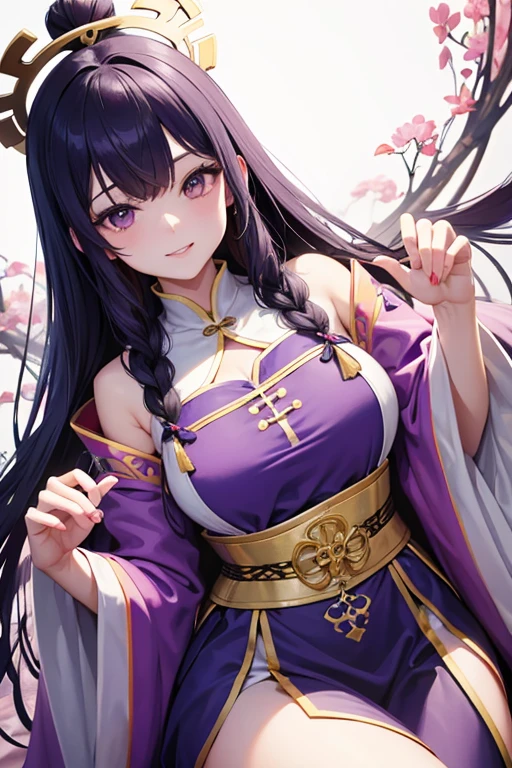 Bright purple Taoist robe, Falda larga Hanfu, ojos grandes, Obra maestra belleza absoluta, 1 mujer, primer plano. primer plano, sonrisa curativa, escena de nieve, , trenza retorcida, Peinado princesa corte princesa, Accesorios sencillos para el cabello, ropa sexy