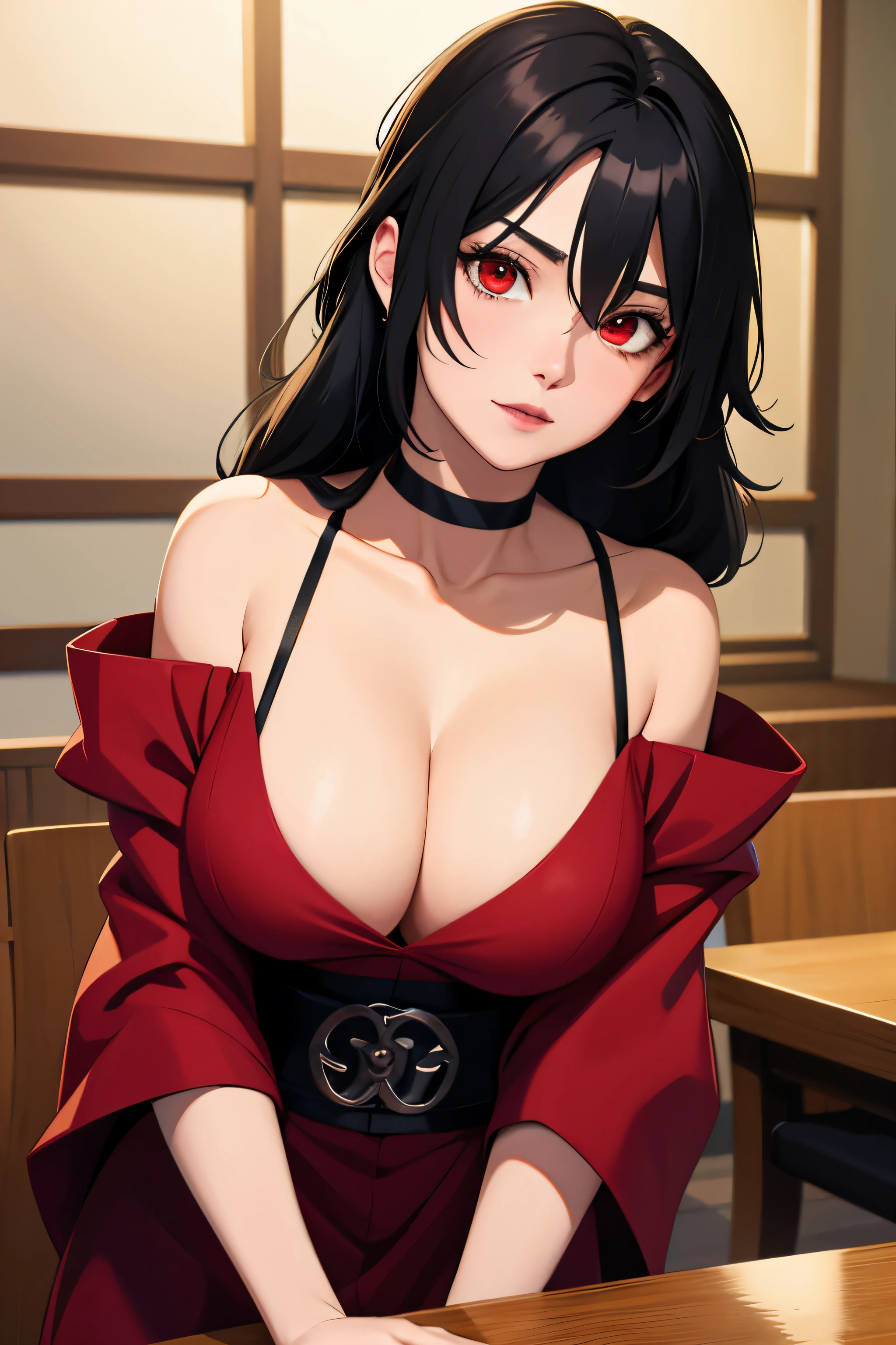 nar_kurenai_yuhi,Forehead protection,bandagenull bodyesbian,red eyes,wariza,Off-the-shoulder attire,cleavage,little breast