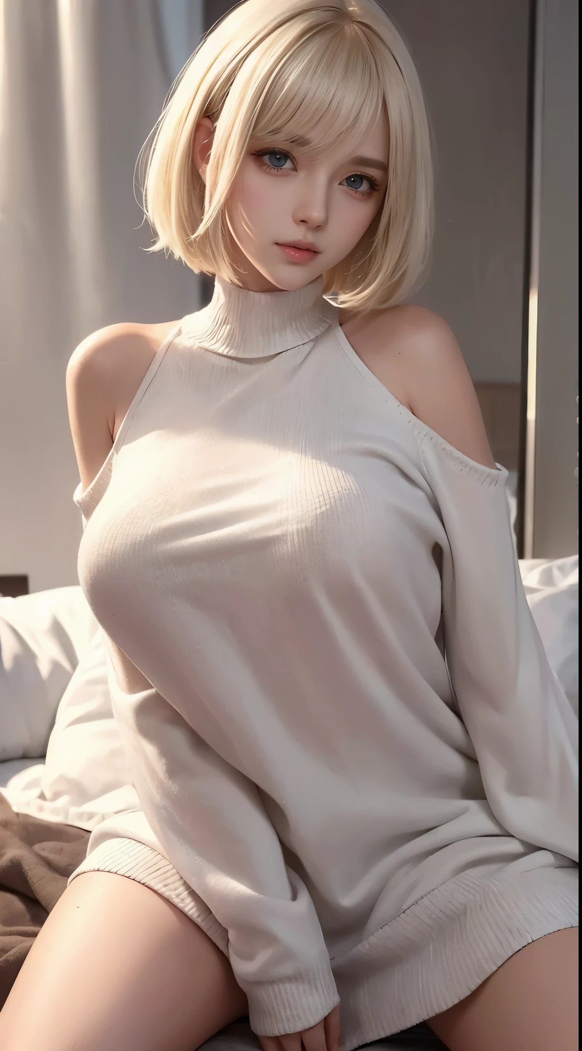 (***** face, virgin face,  Masterpiece, High resolution, 8k, 1 girl, ultra Detailed, Fine skin, white skin, Brighten the subject, cinematic lights, beautiful face, Detailed eyes, lip gloss), (((Detailed anatomy))), blonde hair, Pixie hair cut, Silky straight hair, blunt bangs, Very short hair, Blue eyes, (slender body), (((Natural big tits))), photography, (focus upper body), Sweet smile, looking at viewer, Wearing a white knit long sleeve, Wearing a white knit long sleeve, Bare neck, Bare shoulder and neck, Blonde hair, Pixie hair cut, Silky straight hair, blunt bangs, Very short hair, seduction, sitting on bed, Spread up her legs wide, Spread up her legs wide, Spread up her legs wide, Pixie hair cut, Very short hair, Very short hair,