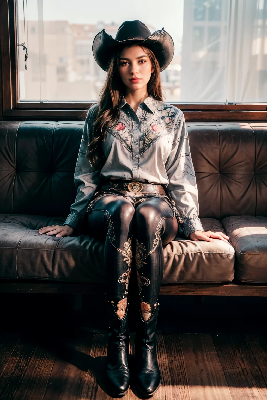 photo, ((full-length picture,)), an American female country music singer sits , legs crossed, in resort luxury bedroom, ((she is dressed in tight thirst trap leggings, a fringed retro snap western embroidered long sleeve cowboy collared shirt with rodeo flourishes pattern:1.4)), her leggings are tucked into her (luxury exotic cowboy boots:1.4),(high end interior:0.6), comfortable, romantic, ((her tidy dark auburn short hair:0.9)), every detail captured with the highest quality Leica camera she owns, knolling massage items, spa items knolling, camera captures every detail and deepens the shadows,, colorful, lovely woman,American, a relaxed moment, realistic photo, (49% of photo is black in drawing:1.4), (detailed fabrics:1.2), (soft warm light:1.7), (vulva shape:0.4) ,(relaxed intimate photoshoot), cozy relaxed, catching us, beautiful hands, gorgeous soft warm lighting:1.4, ((high contrast)), (deep, darkest shadows), (shadow details:1.3), ((taken using Leica camera, aperture: f/2)) , hyper-realistic skin, pores, scar, mole, relaxed moment, natural light glow, (romantic light:1.2), radiant dark skin, perfect relaxed hands, perfect fingers, a work of art, beautiful composition, golden ratio, contrast, inspiring, (highest quality fabric texture), every detail,Fine facial features – (Highest Quality) ,Leica camera film, High quality ○○ detailed – ○○ details ultra detailed(Ultra-fine ), Photorealistic