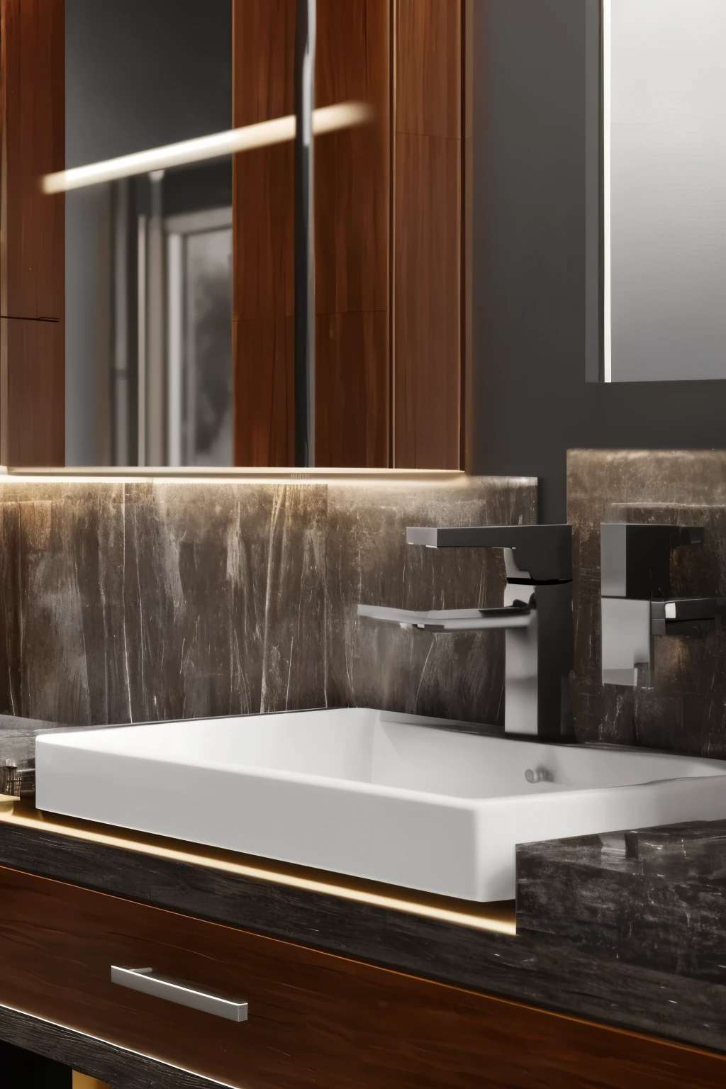 close up, scene of a sink with faucet in bathroom, masculine style bathroom, hyper realistic