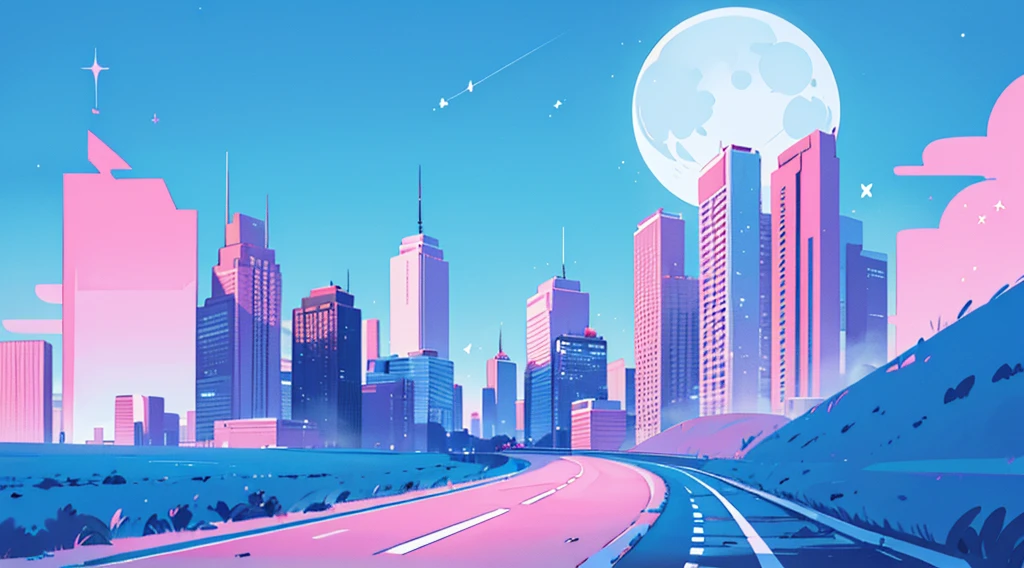 (skyscrapers, pink glowing road, starry blue sky, big moon), (low contrast, flat color, limited palette)