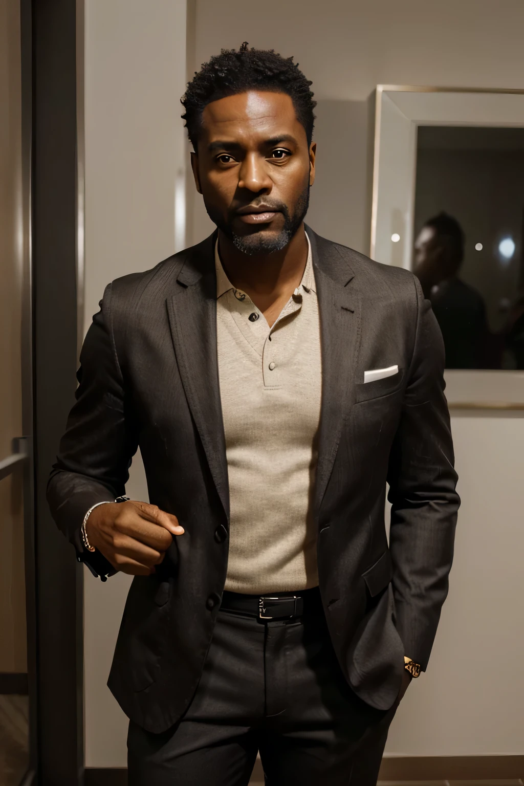 a black man in his forties standing, com barba e cabelo curto, wearing a stylish blazer and brown pants, wearing a watch and holding hands, corpo inteiro, fotorrealista, ultrarrealista | | | | | |, octano, emprestar, HDR, 8k --v 5