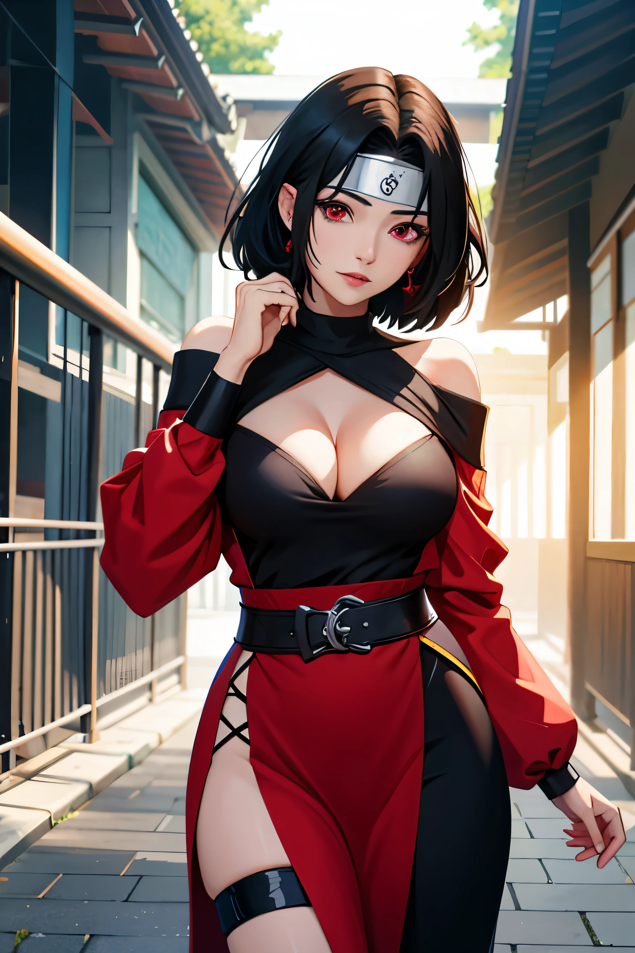 nar_kurenai_yuhi，Forehead protection，bandagenull bodyesbian，red eyes，wariza，Off-the-shoulder attire，cleavage，little breast