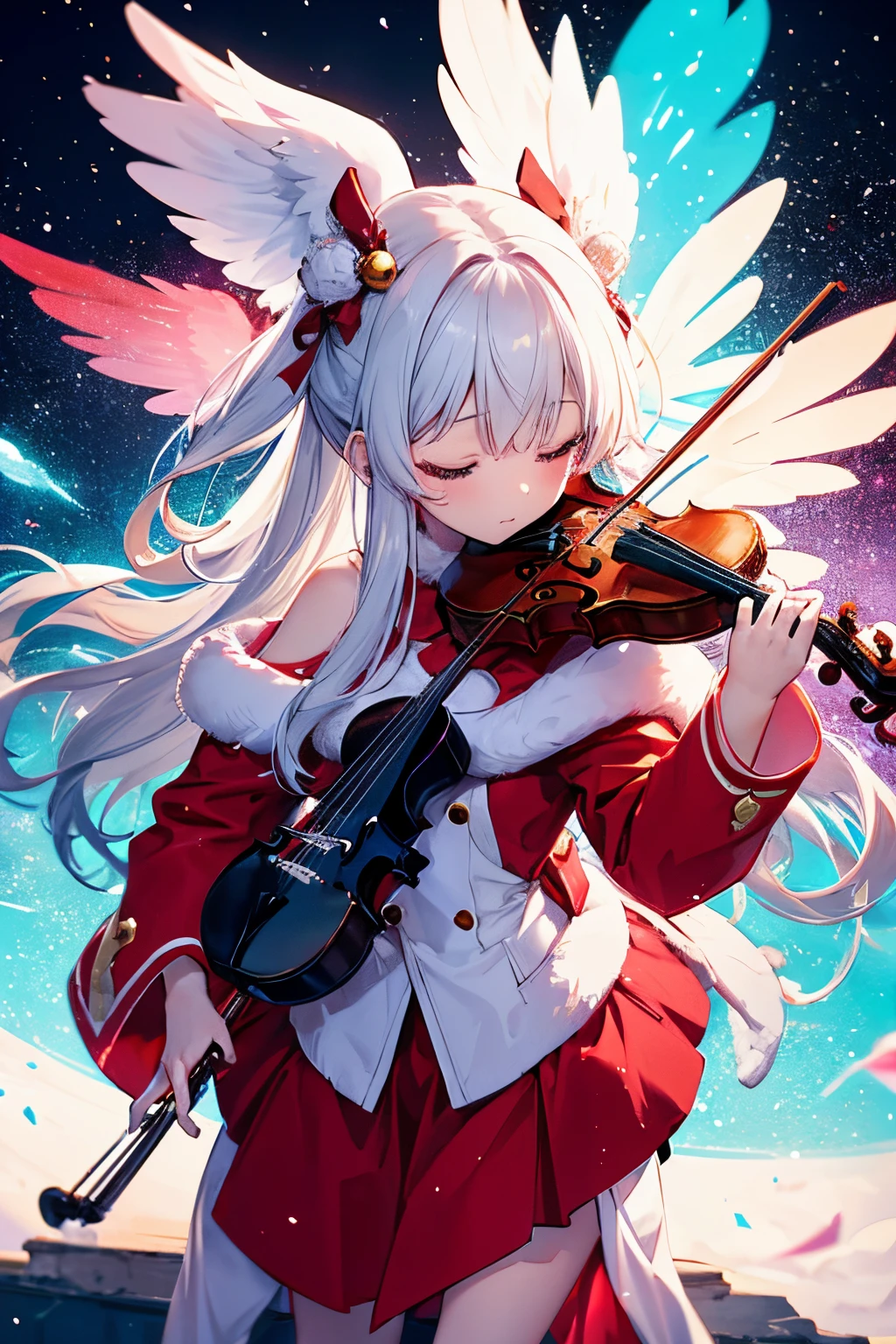tiny girl with long white hair, wearing red outfit christmas style, happy, playing violin, eyes closed, slim, harmless, big black big sixed angel wings, sit pose, bad ass,glowing clotheest quality, serious,Neon pink and blue Light, neon style
