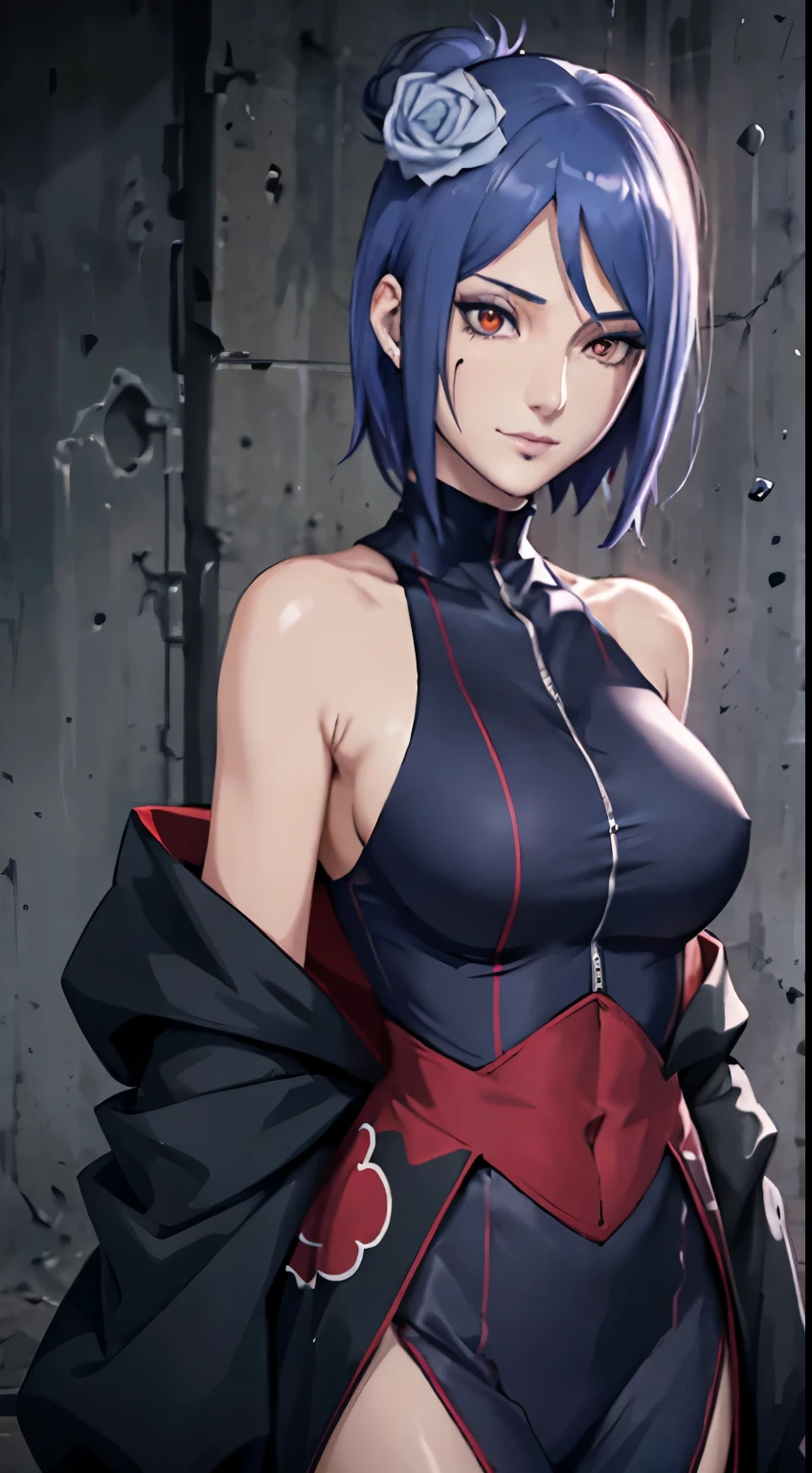 （8K，RAW photoest qualtiy），（tmasterpiece），（realisticlying，）（Photorealistic and realistic），（A high resolution），Hyper-detailing，（hentail realism：1.1），beauitful face，
（1female：1.1），Female pervert，（looki at viewer），cowboy lens，jpn，
Xiaonan\（Naruto\），（AKATSUKI OUTFIT：1.1），La Brett piercing，cleavage，（Off-the-shoulder attire:1.5)，ssmile，Be red in the face，Upper body photo
Dark blue hair，
profesional lighting、photon maping、physically-based renderingt、
Dark theme，