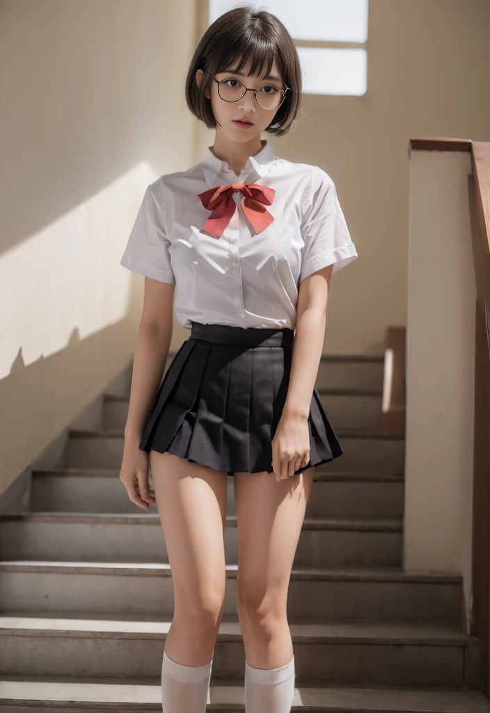 8k,cinematic lighting,top-quality,Top image quality,masterpiece,best quality,depth of field,ultra-detailed,from below,Standing,(mideum shot),full body,1girl,Japanese,32 years old,(Gyaru:1.2),(Black hair,very short messy bobcut:1.2),(Oval light brown cell frame glasses:1.2),detailed brown eyes,(slender body:1.2),((flat chest:1.5)),slightly large hip,(tanned skin), school stairs, JP SCHOOL UNIFORM,22 years old,face,(dark check skirt),looking at viewer,