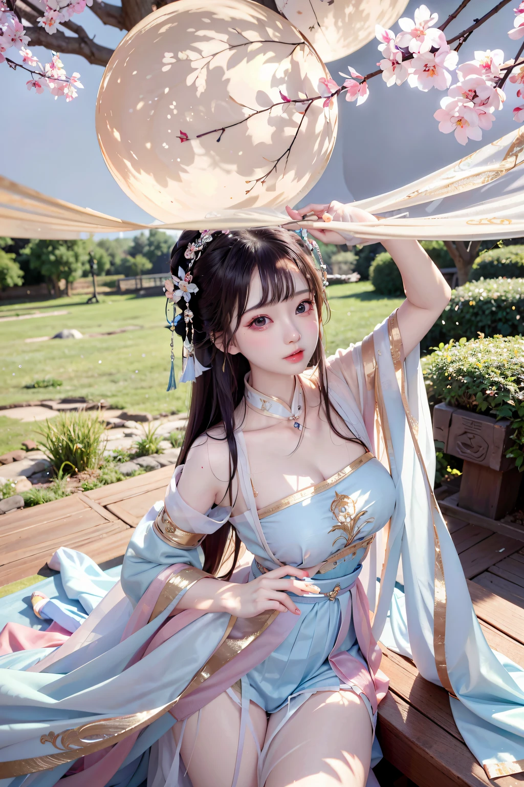 a princess 8 yeald old cute Hanfu  dynasty open V-chested clothes royal, All pictures, Wet body of thin silk fabric, Thin silk lace petticoat,princess 8 yeald old cute, (huge boobs，cleavage),petticoat, white pink, blue ，best qualtiy，tmasterpiece，超高分辨率，（真实感：1.4），RAW photogr，（True skin texture：1.3），（filmgrain：1.3），（Selfie angle），1个Giant Breast Girl，Beautiful eye and face details，tmasterpiece，Best quality at best，exposing thighigchest，The chest  more exposed， detailed hair，above looking down facing at camera,short dressPrincess Eyes,Super big eyes,Detailed face,shiny pupils, dress pink (a garden,moon palace,)