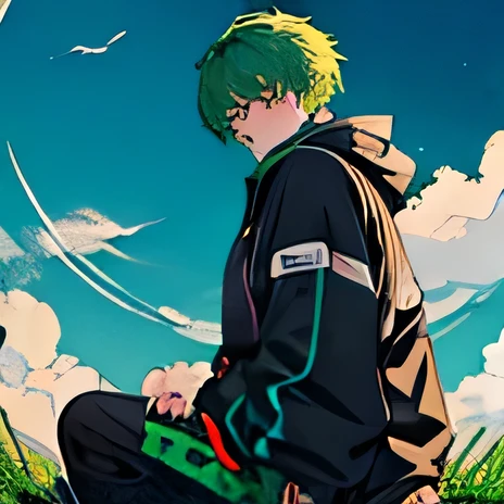 A cyber hero boy rests on a cloud, surrounded by a circle on the screen. Ele veste roupa techwear preta e verde, cabelos longos ao vento, com botas irradiando raios verdes. in the arms, segura um cachorro, compartilhando a jornada. Estilo: desenhado ou anime.