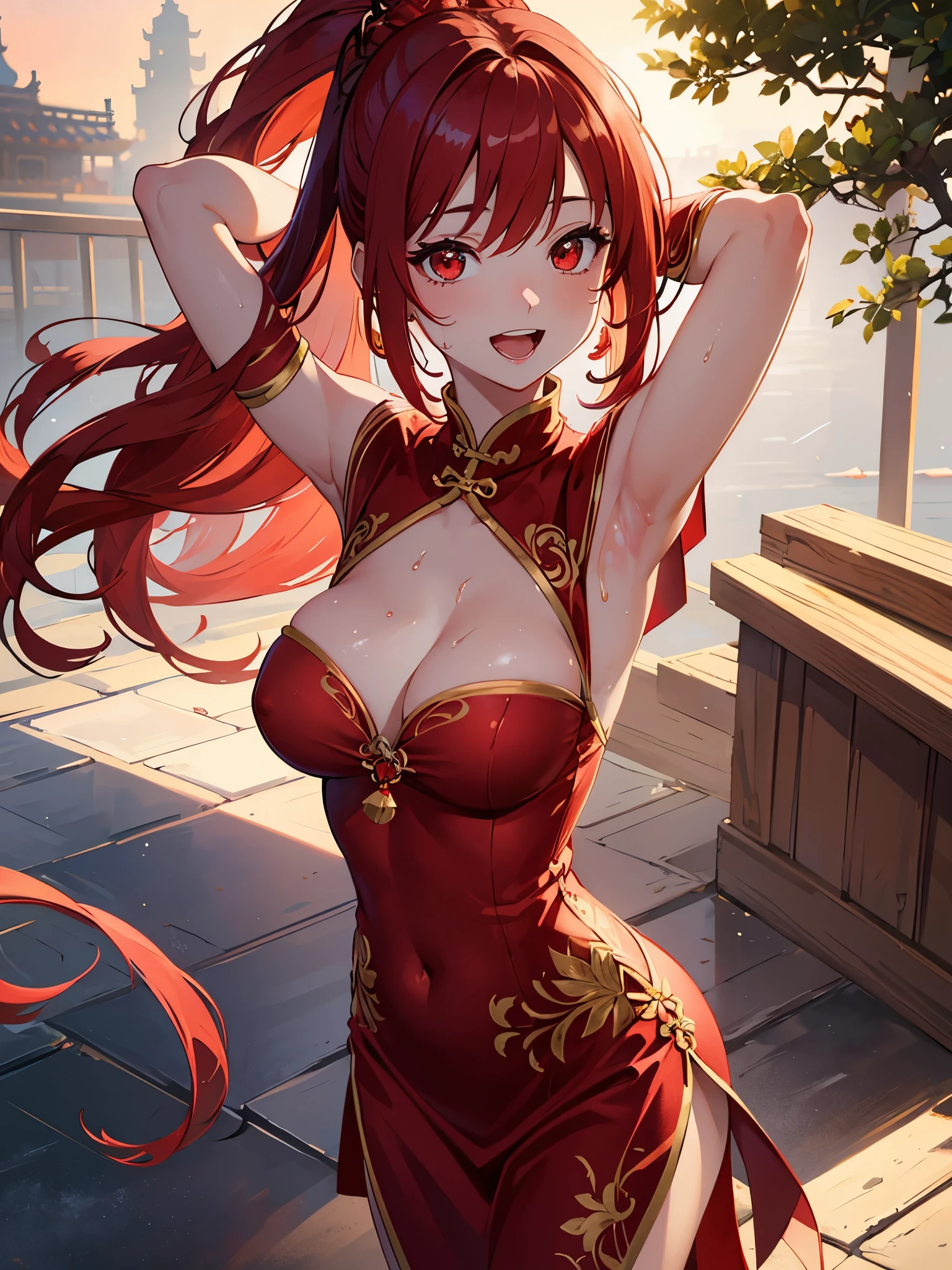 nsfw, masterpiece, best quality, ultra detailed, illustration, 1 girl, red hair, ponytail, small breast, red eyes, beautiful detailed eyes, delicate beautiful face, china dress, outdoors, smile, arms behind head, open mouth, sweat