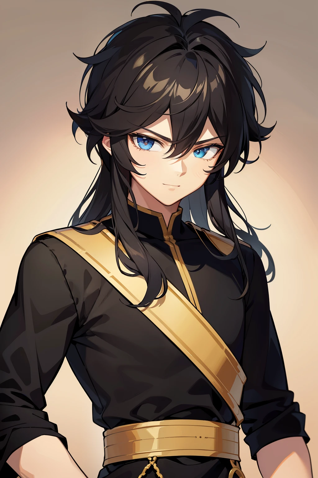 (high-quality, breathtaking),(expressive eyes, perfect face) portrait, 1boy, male, solo, young adult, black hair, blue coloured eyes, stylised hair, gentle smile, medium shoulder length hair, loose hair, side bangs, curley hair, really spiky hair, spiked up hair, looking at viewer, portrait, ancient greek clothes, black long sleeved tunic gold trim around collar edges and down middle, greek, red and gold sash, simple background, slightly narrow eyes, masculine face, masculine eyes, baby face, happy expression, clothes similar to Hypnos Saint Seiya