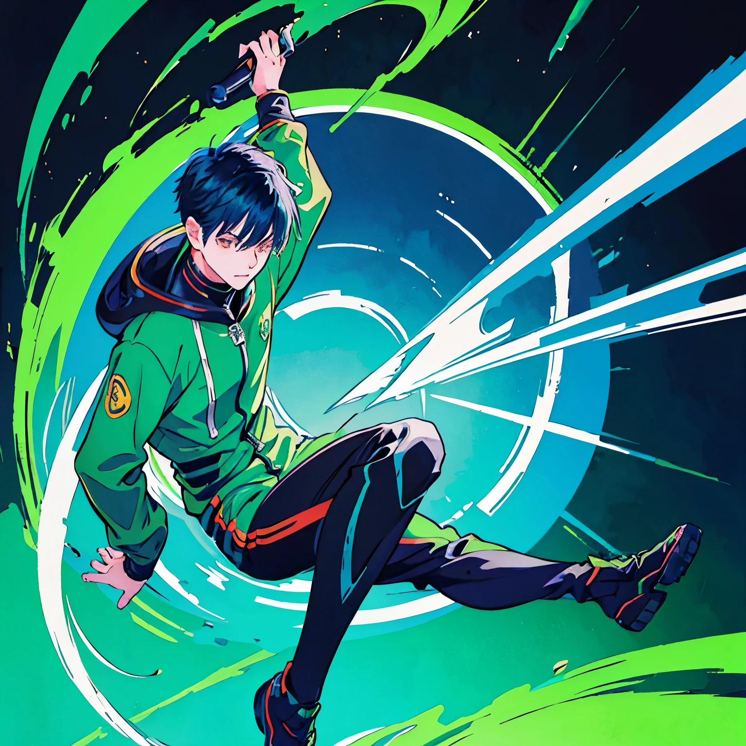 A cyber hero boy rests on a cloud, surrounded by a circle on the screen. Ele veste roupa techwear preta e verde, cabelos longos ao vento, com botas irradiando raios verdes. in the arms, segura um cachorro, compartilhando a jornada. Estilo: desenhado ou anime.