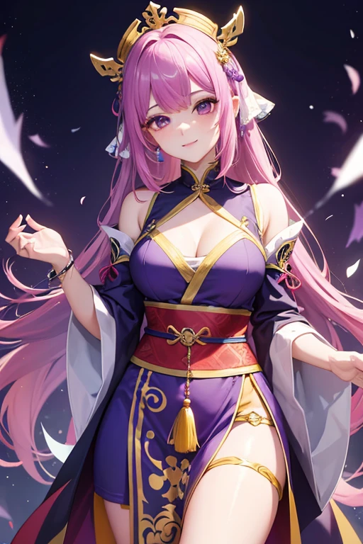 Bright purple Taoist robe, Falda larga Hanfu, ojos grandes, Obra maestra belleza absoluta, 1 mujer, primer plano. primer plano, sonrisa curativa, escena de nieve, , trenza retorcida, Peinado princesa corte princesa, Accesorios sencillos para el cabello, ropa sexy