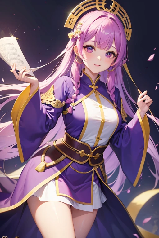 Bright purple Taoist robe, Falda larga Hanfu, ojos grandes, Obra maestra belleza absoluta, 1 mujer, primer plano. primer plano, sonrisa curativa, escena de nieve, , trenza retorcida, Peinado princesa corte princesa, Accesorios sencillos para el cabello, ropa sexy