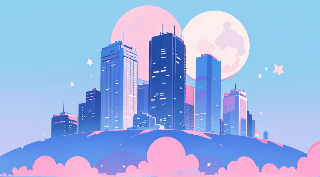 (pink skyscrapers silhouettes, starry blue sky, big moon), (low contrast, flat color, limited palette)
