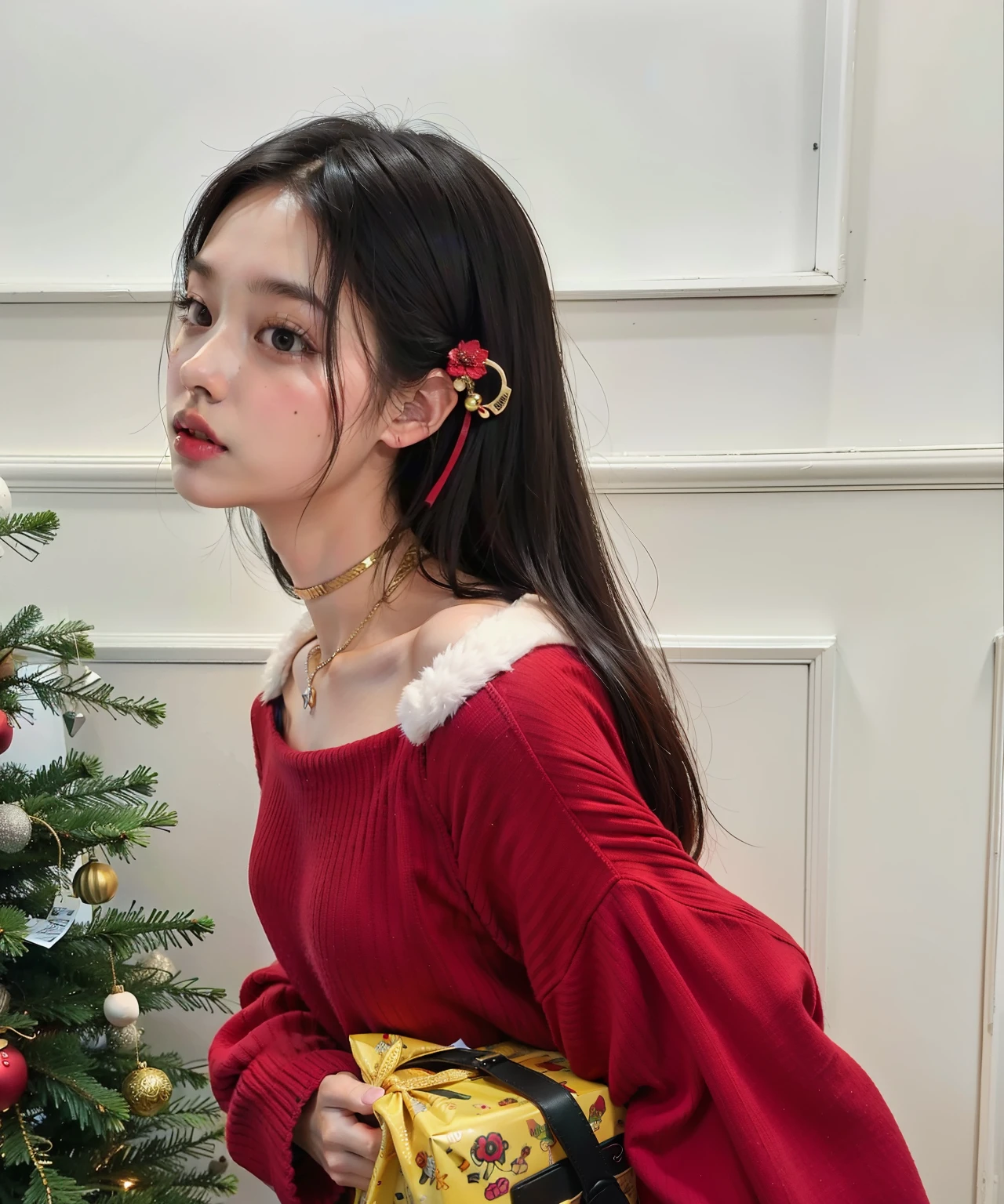 Araffe girl in red sweater holding a yellow box near a Christmas tree, tzuyu de dos veces, Bae Suzy, Blackpink Jennie, Lee Ji-eun, Lee Ji - Eun, Kim Doyoung, Jaeyeon Nam, ulzzang, dilraba dilmurat, Cinta roja para el cabello, Heonhwa Choe, Parque Ji-min