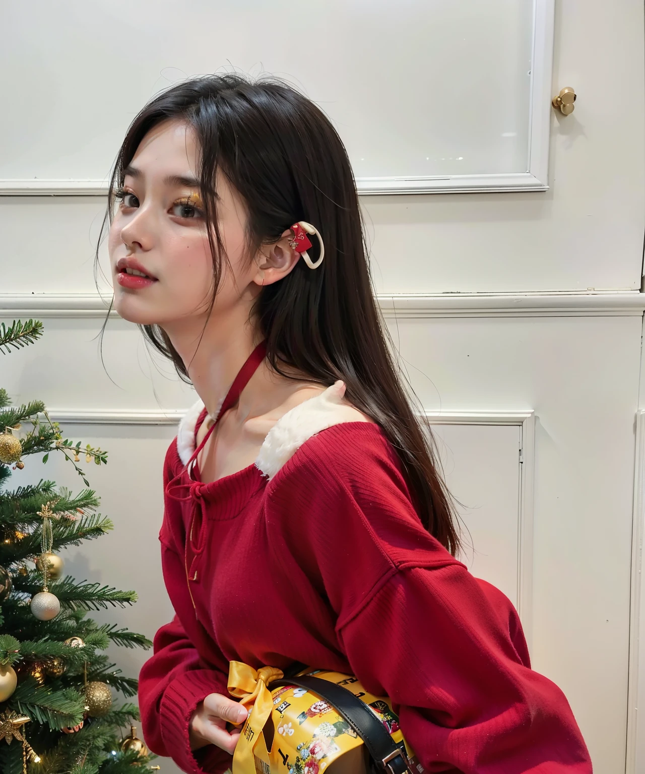 Araffe girl in red sweater holding a yellow box near a Christmas tree, tzuyu de dos veces, Bae Suzy, Blackpink Jennie, Lee Ji-eun, Lee Ji - Eun, Kim Doyoung, Jaeyeon Nam, ulzzang, dilraba dilmurat, Cinta roja para el cabello, Heonhwa Choe, Parque Ji-min