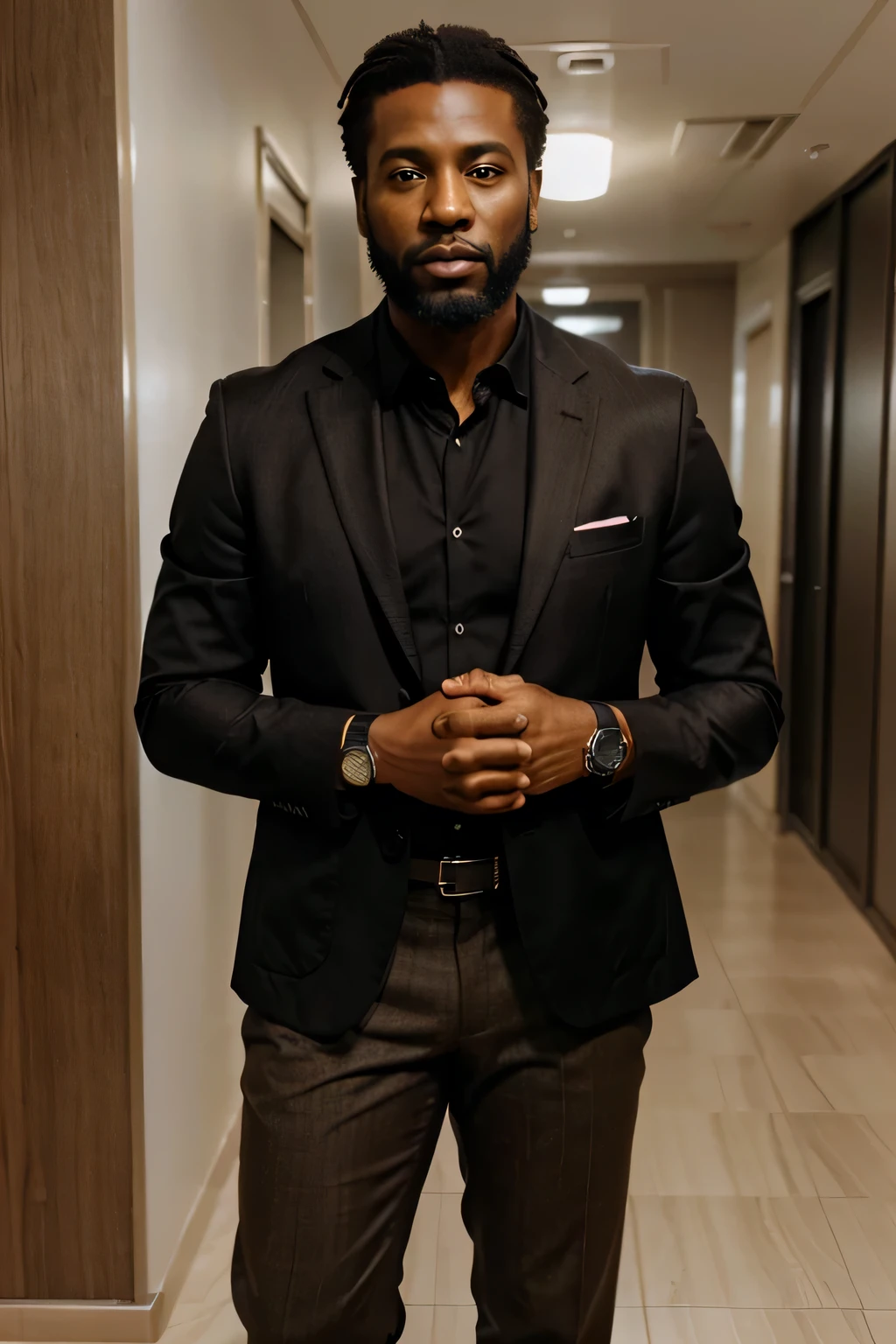 a black man in his forties standing, com barba e cabelo curto, wearing a stylish blazer and brown pants, wearing a watch and holding hands, corpo inteiro, fotorrealista, ultrarrealista | | | | | | |, octano, emprestar, HDR, 8k --v 5