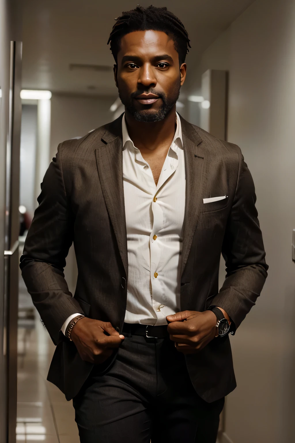 a black man in his forties standing, com barba e cabelo curto, wearing a stylish blazer and brown pants, wearing a watch and holding hands, corpo inteiro, fotorrealista, ultrarrealista | | | | | | |, octano, emprestar, HDR, 8k --v 5