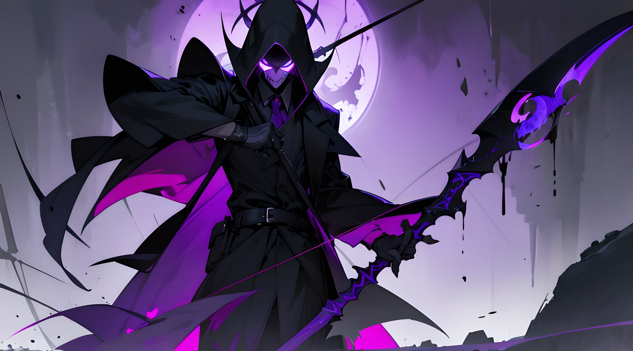 1guy, short black hair , one red eye ,glowing eye , purple theme , wearing gravedigger hat , with a scythe , gravedigger coat , full black skull mask , hell , covered face , high res, ultrasharp, 1080p, masterpiece , desktop background