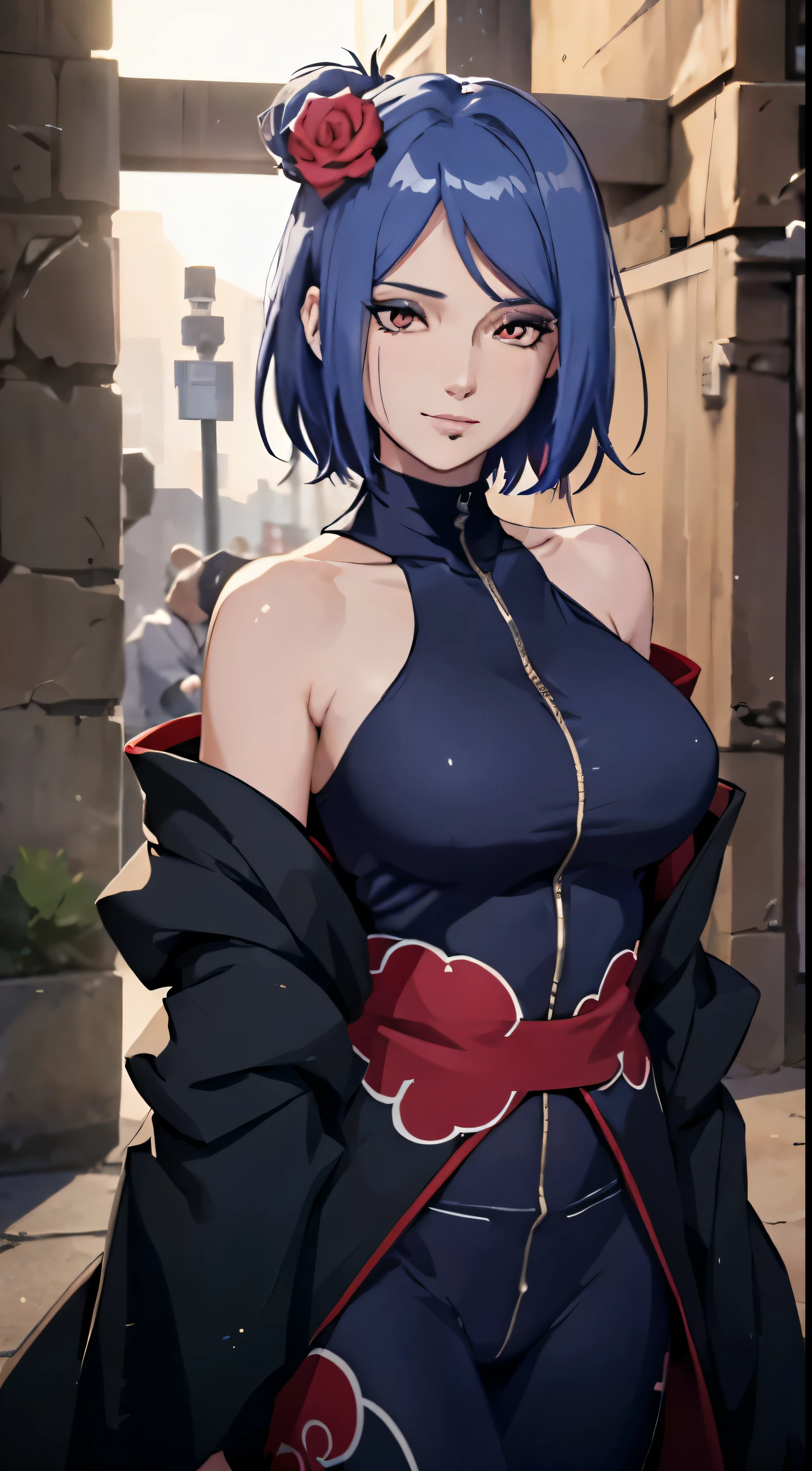 (8K,RAW photoest qualtiy),(tmasterpiece),(realisticlying,)(Photorealistic and realistic),(A high resolution),Hyper-detailing,(hentail realism:1.1),beauitful face,
(1female:1.1),Female pervert,(looki at viewer),cowboy lens,jpn,
Xiaonan\(Naruto\),(AKATSUKI OUTFIT:1.1),La Brett piercing,cleavage,(Off-the-shoulder attire:1.5),ssmile,Be red in the face,Upper body photo
Dark blue hair,
profesional lighting、photon maping、physically-based renderingt、
Dark theme,
