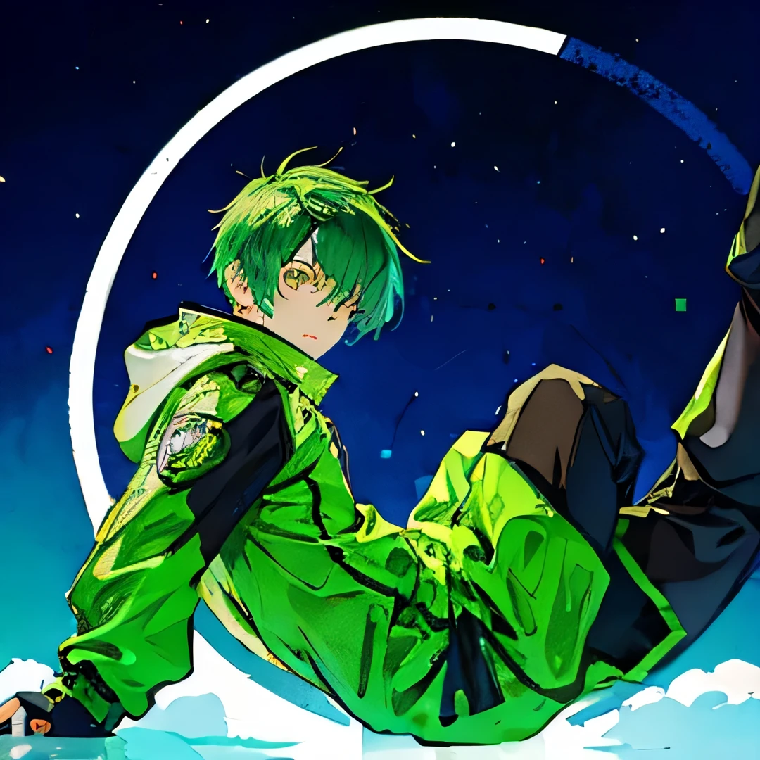 A cyber hero boy rests on a cloud, surrounded by a circle on the screen. Ele veste roupa techwear preta e verde, cabelos longos ao vento, com botas irradiando raios verdes. in the arms, segura um cachorro, compartilhando a jornada. Estilo: desenhado ou anime.