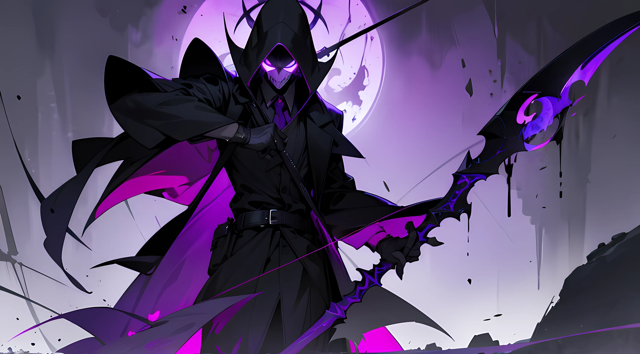 1guy, short black hair , one red eye ,glowing eye , purple theme , wearing gravedigger hat , with a scythe , gravedigger coat , full black skull mask , hell , covered face , high res, ultrasharp, 1080p, masterpiece , desktop background