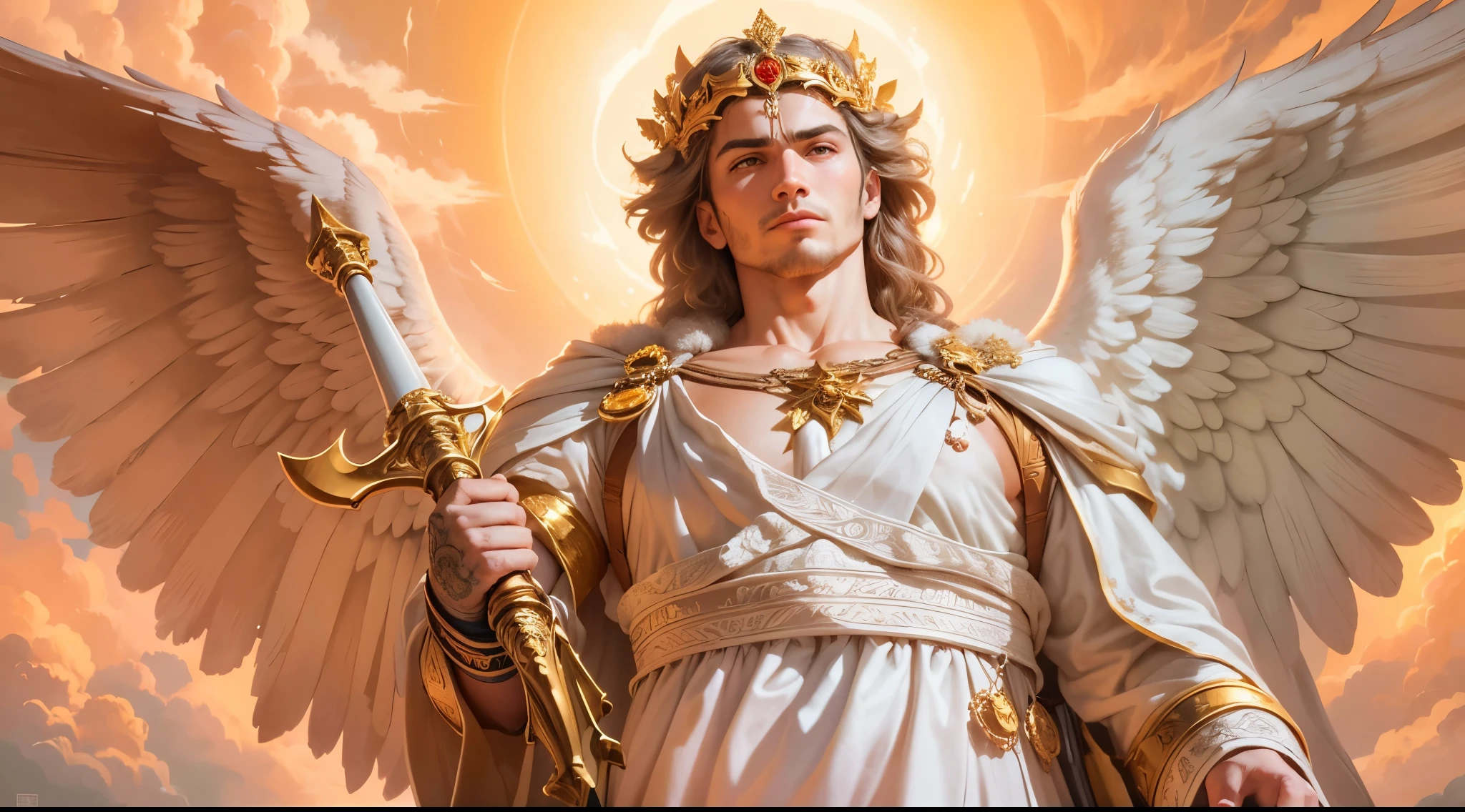 Closeup of an image a man angel with a large and long sword with attack position in the right hand, in the other left hand holding a scale, Angel dressed as a Roman soldier looking at the ground, arcanjo homem com asas grandes, o anjo da fortuna, perfeito, Realistic, Biblical setting, Biblical Paradise Setting, sol e nuvens ultras realistas, flores e velas, illuminated archangel of heaven, flores coloridas, velas acesas, roupas brancas e vermelhas, Velas incandescentes