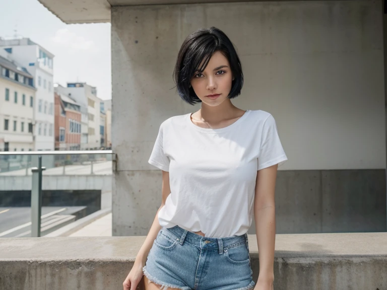 1girl, short black hair, blue eyes, wearing plain white shirt, denim shorts, city, absurdres, high res, ultrasharp, 8K, masterpiece, looking at viewer