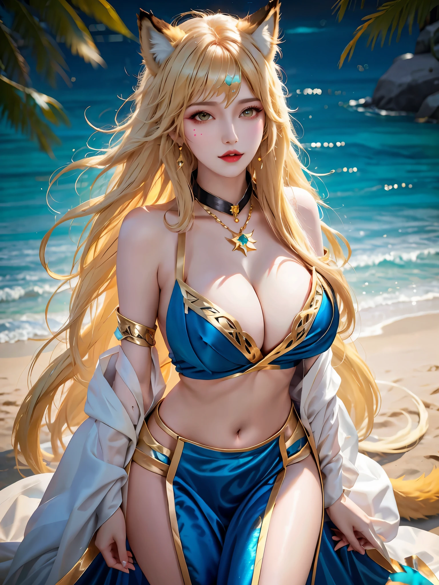 k/da_ahri, 1girl, ahri (league of legends), breasts, animal ears, blonde hair, solo, fox ears, k/da (league of legends), long hair, cleavage, tail, whisker markings, looking at viewer, facial mark, choker, large breasts, bare shoulders, fox tail, jewelry, yellow eyes, upper body, multiple tails, bangs, shiny, collarbone, covered navel, earrings