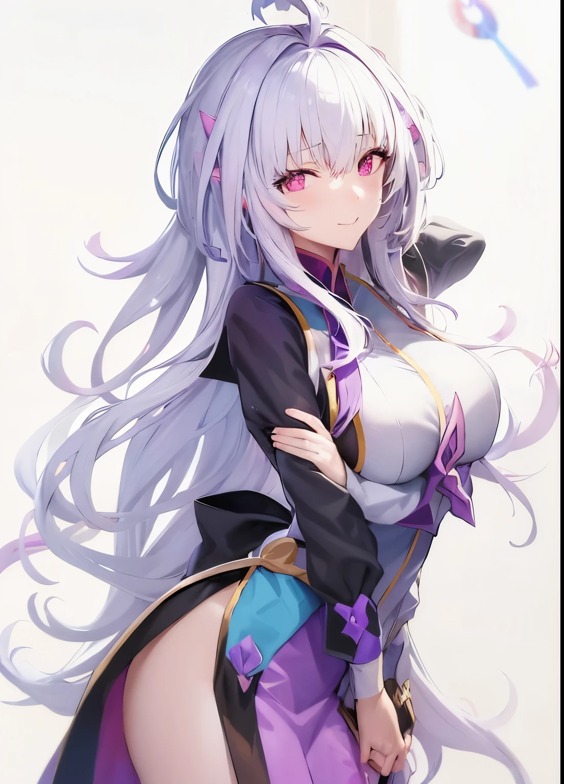 anime girl with long white hair and purple dress posing, hajime yatate, shirabii, anime moe artstyle, render of april, ayaka genshin impact, anime visual of a cute girl, marin kitagawa fanart, official art, from girls frontline, cushart krenz, anime best girl, crossing arm under breasts, large breasts,